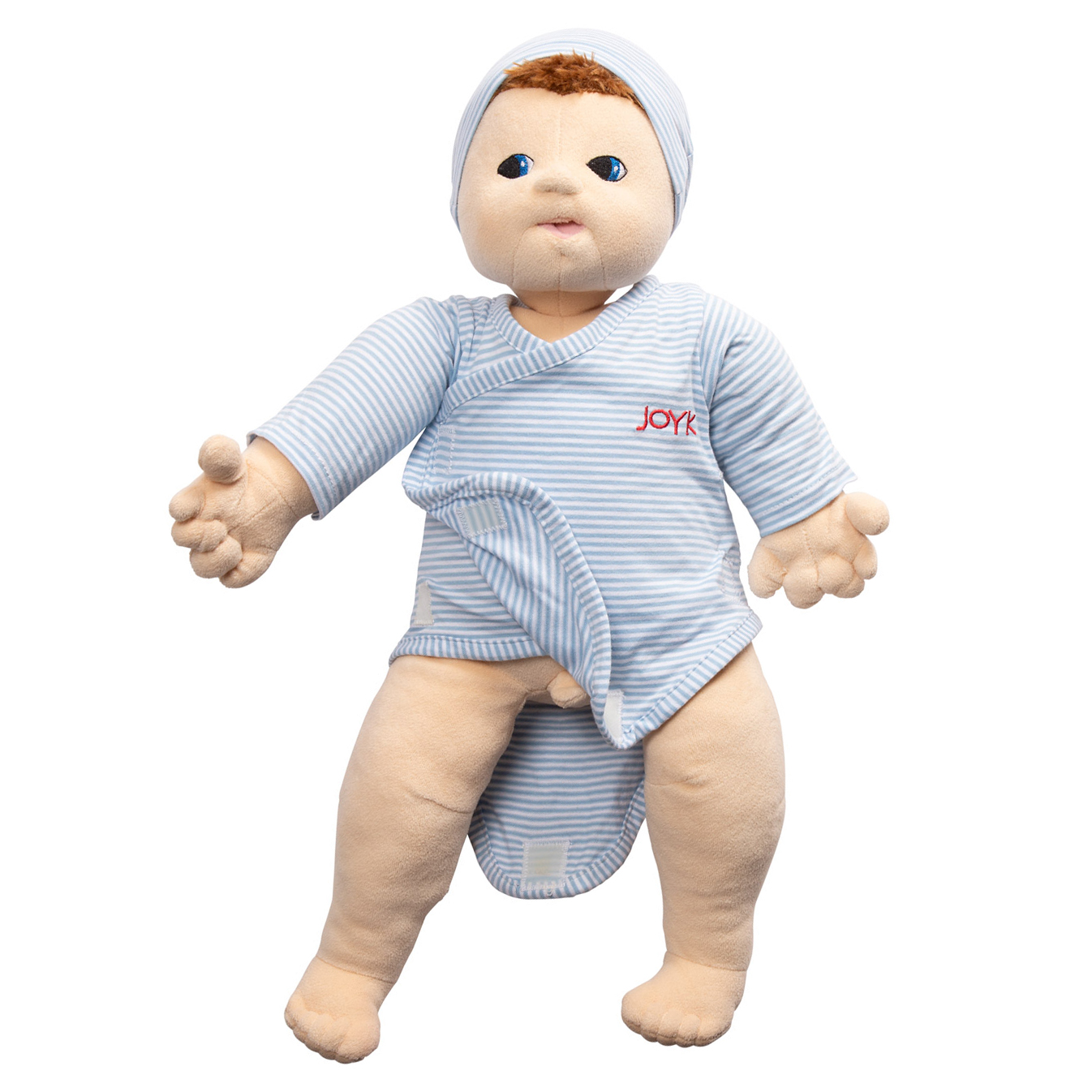 Joyk empathy doll Baby Elias with a light blue wrap bodysuit and little cap