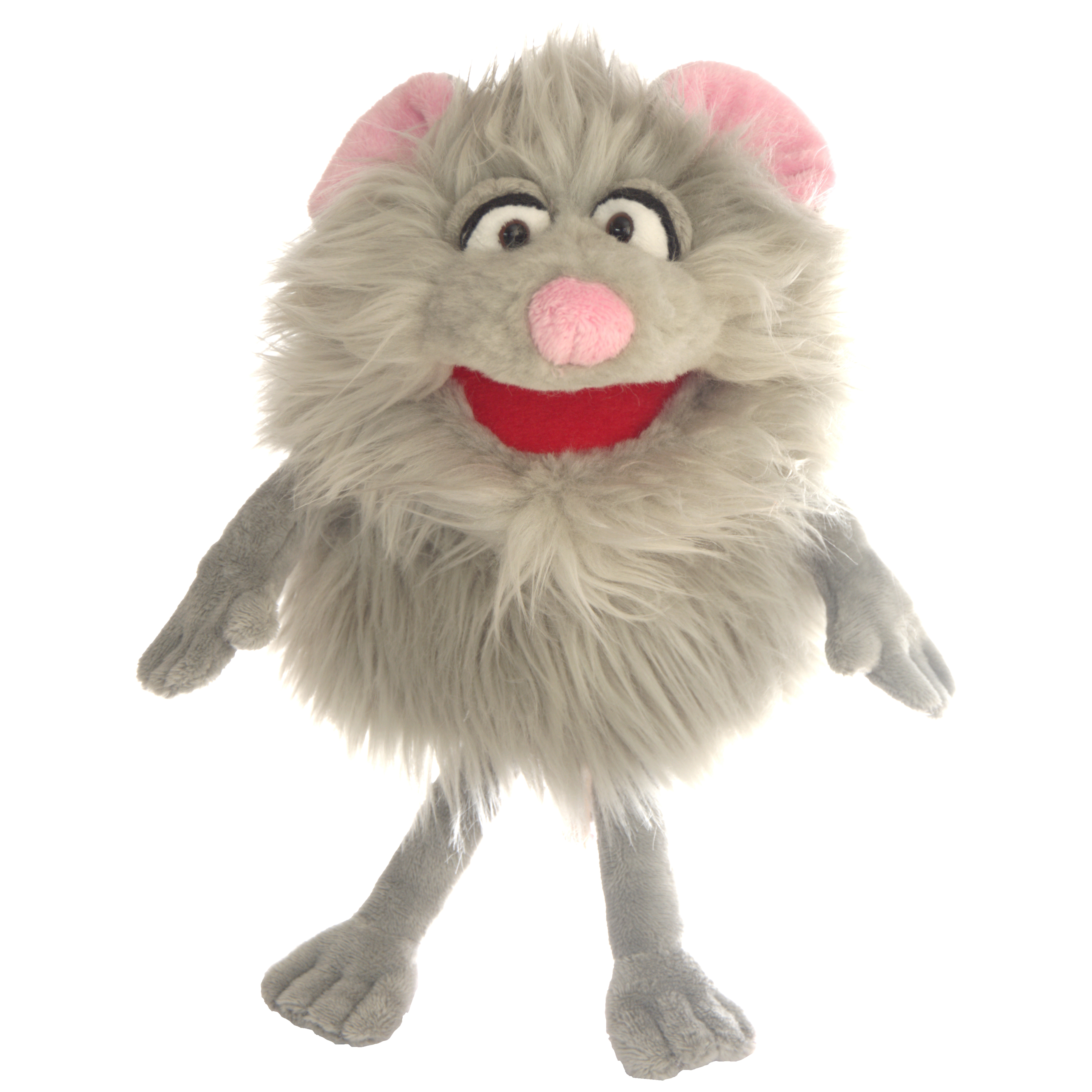Living Puppets Handpuppe Klein Tüddel, graues Zottelmonster mit rosa Ohren, rosa Nase und geöffnetem rotem Mund