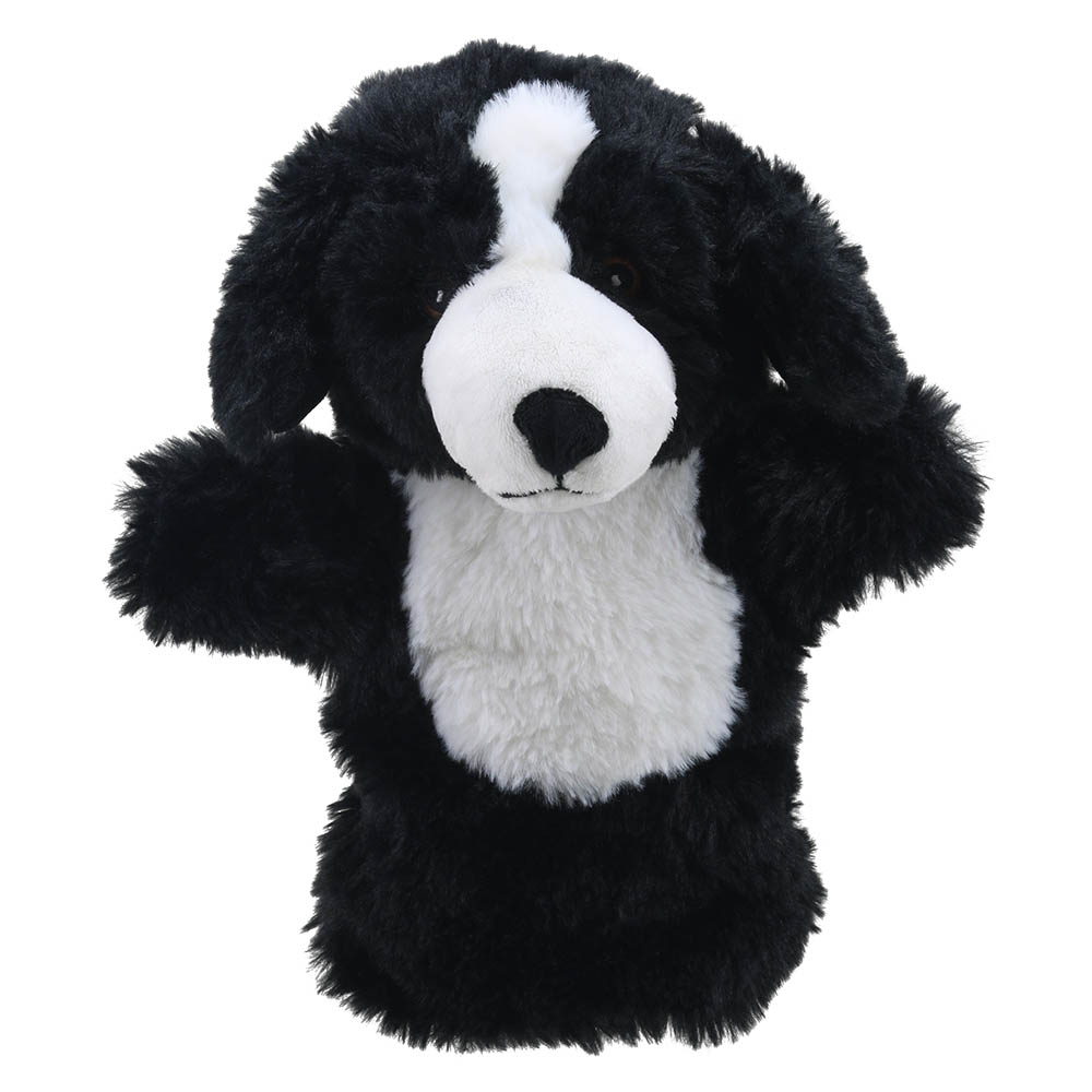 The Puppet Company Handpuppe Border Collie, schwarz-weißer Hund mit weißer Blesse, Frontansicht