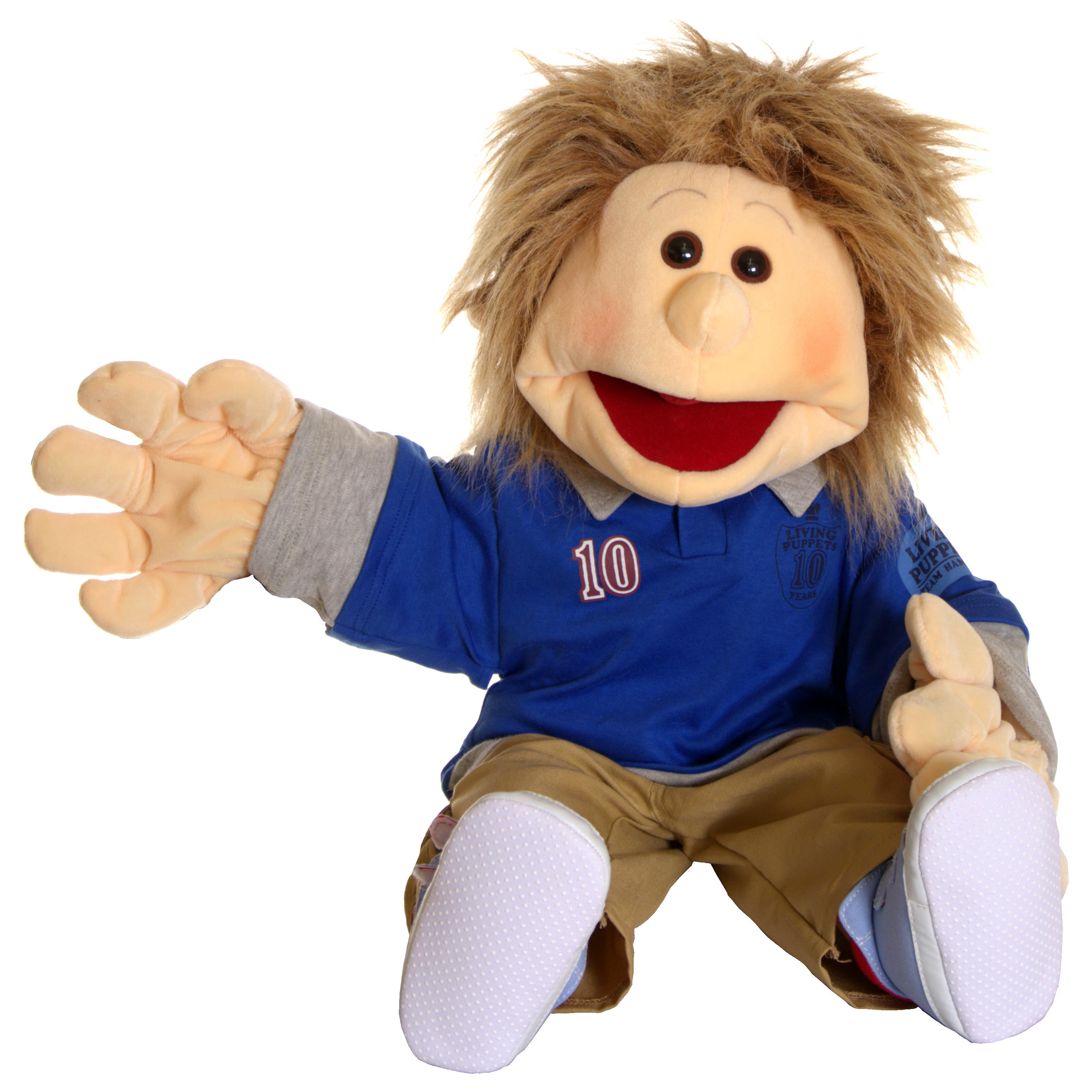 Living Puppets Handpuppe Erik mit blondem Strubbelhaar, blauem Trikot Nummer 10 und heller Hose