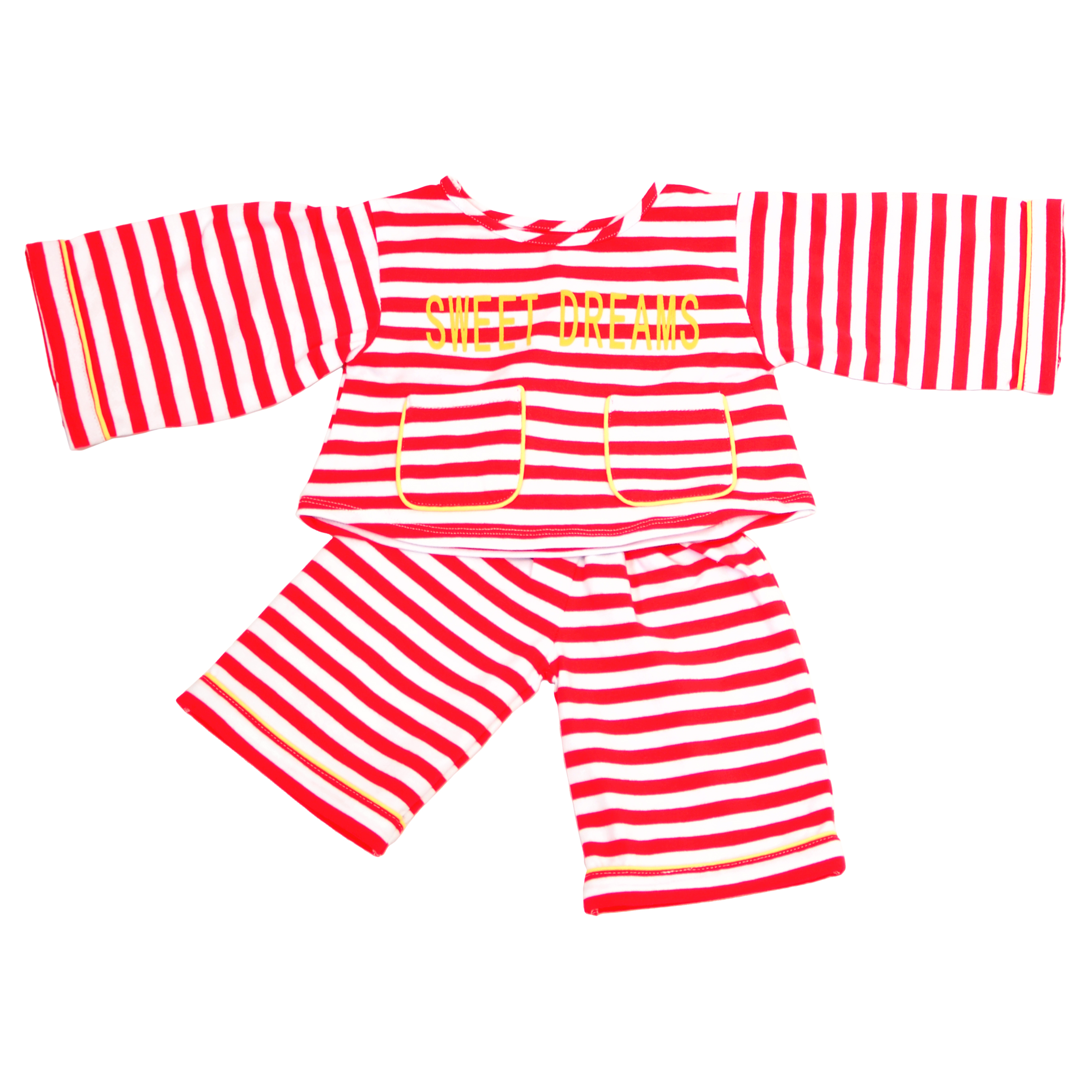Living Puppets Schlafanzug für Handpuppen mit 65 cm, rot-weiß gestreiftes Set mit Sweet-Dreams-Schriftzug und Taschen