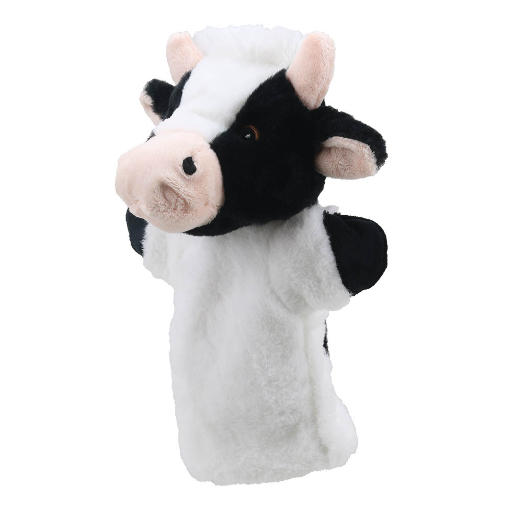The Puppet Company baby hand puppet cow, black and white cow with a black patch around one eye and pink horns