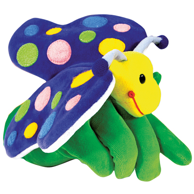 Beleduc Handpuppe Schmetterling mit blau-bunt gepunkteten Flügeln, gelbem Kopf und grünem Körper
