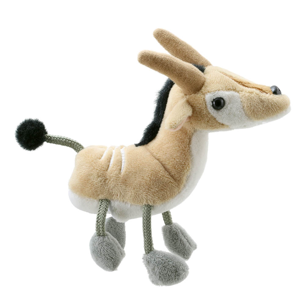 The Puppet Company Fingerpuppe Antilope, beige-weiße Fingerpuppe mit Hörnern, leicht seitliche Ansicht
