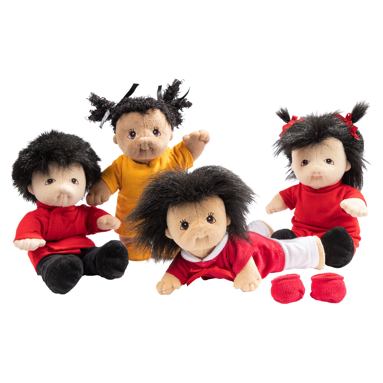 Joyk Biegepuppen-Set Beste Freunde: vier kleine Stoffpuppen mit unterschiedlichen Frisuren und Hauttönen