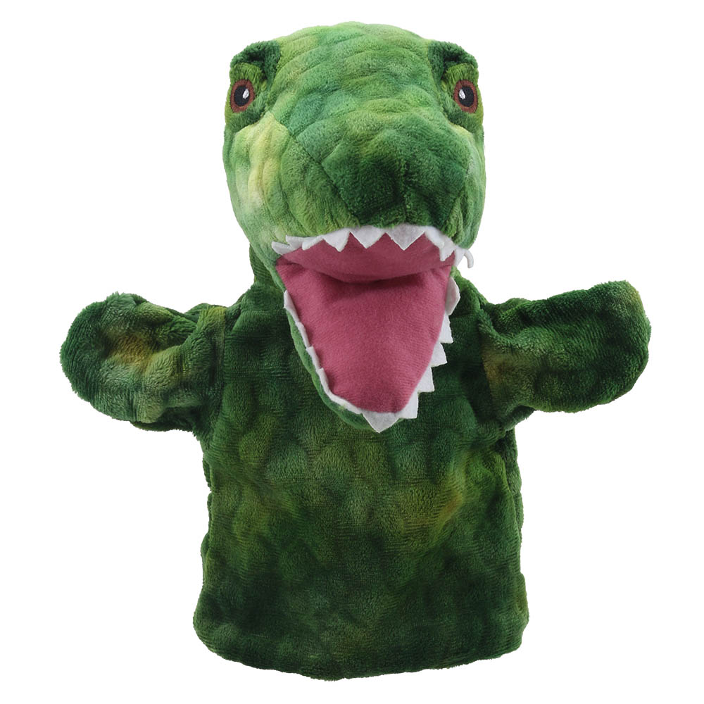 The Puppet Company Dinosaurier-Handpuppe T-Rex, grüner Dinosaurier mit geöffnetem Maul, weißen Zähnen und rosa Rachen