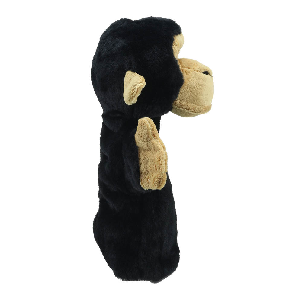 The Puppet Company Baby-Handpuppe Schimpanse, schwarzer Affe mit beigem Gesicht, Seitenansicht von der anderen Seite