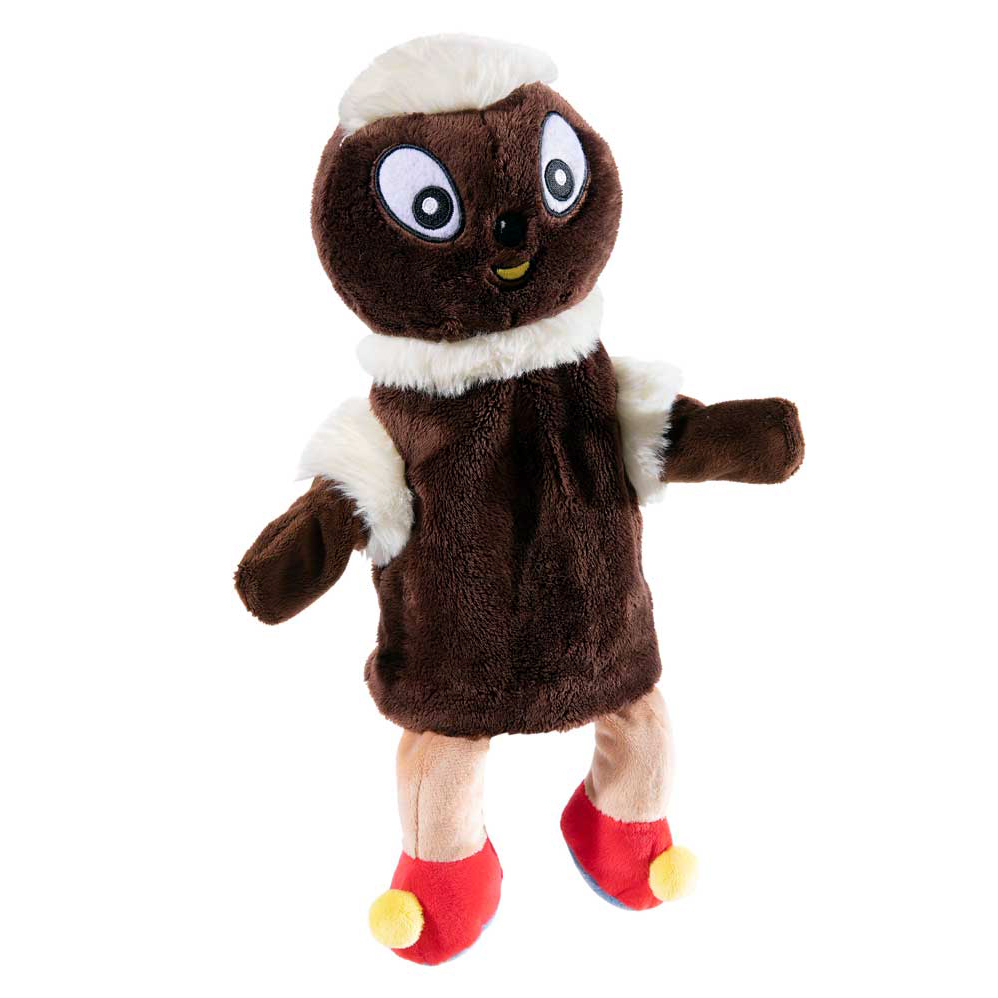 Heunec hand puppet Pittiplatsch, dark brown plush puppet with white fur trim and red boots with yellow pompoms
