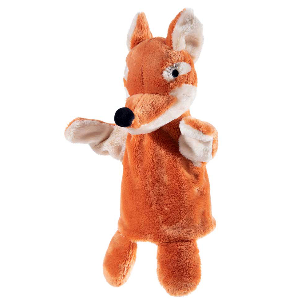 Heunec hand puppet Herr Fuchs, orange plush puppet with white muzzle and white ears, front view