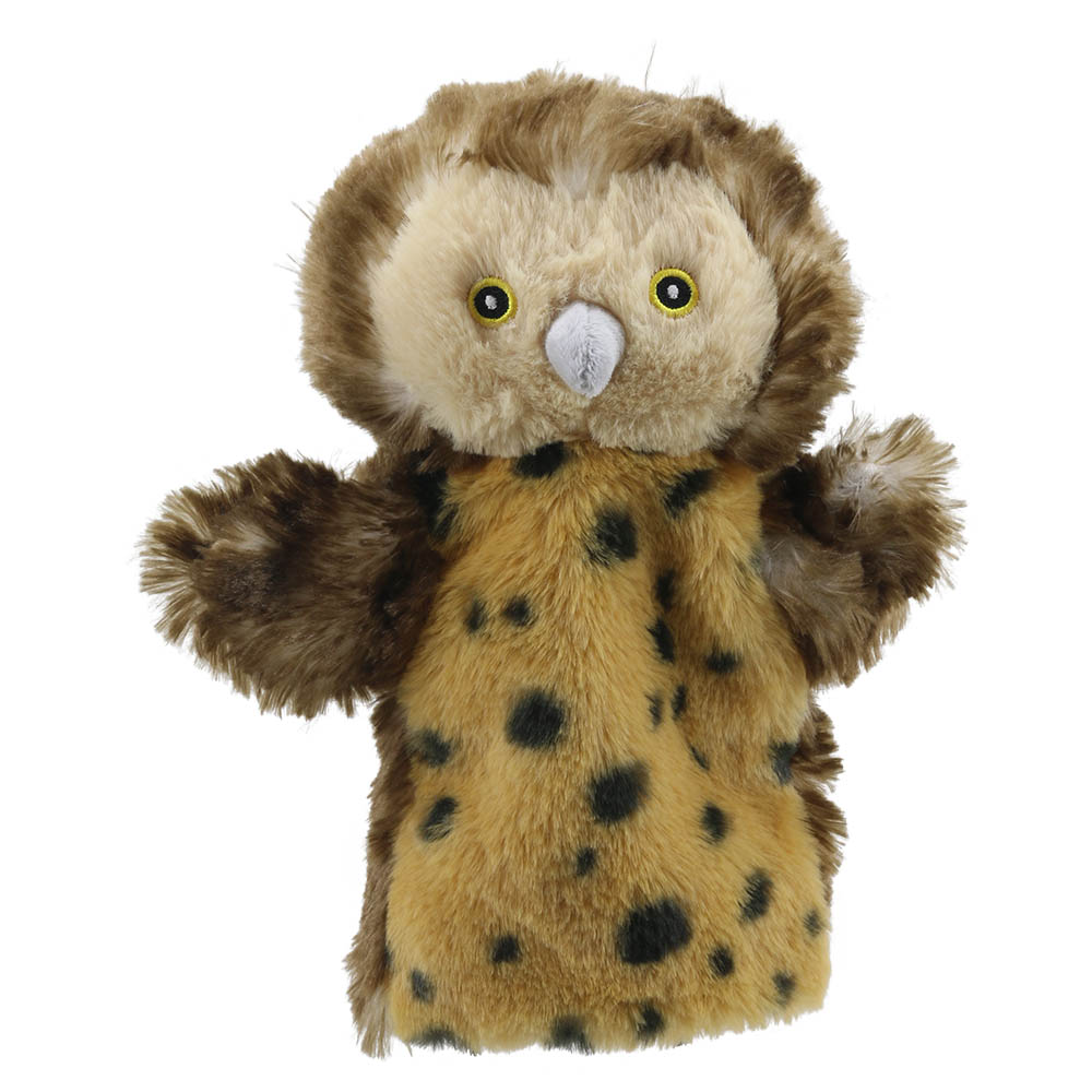 The Puppet Company Baby-Handpuppe Eule, braune Eule mit hellem Gesicht, gelben Augen und schwarz gepunktetem Bauch