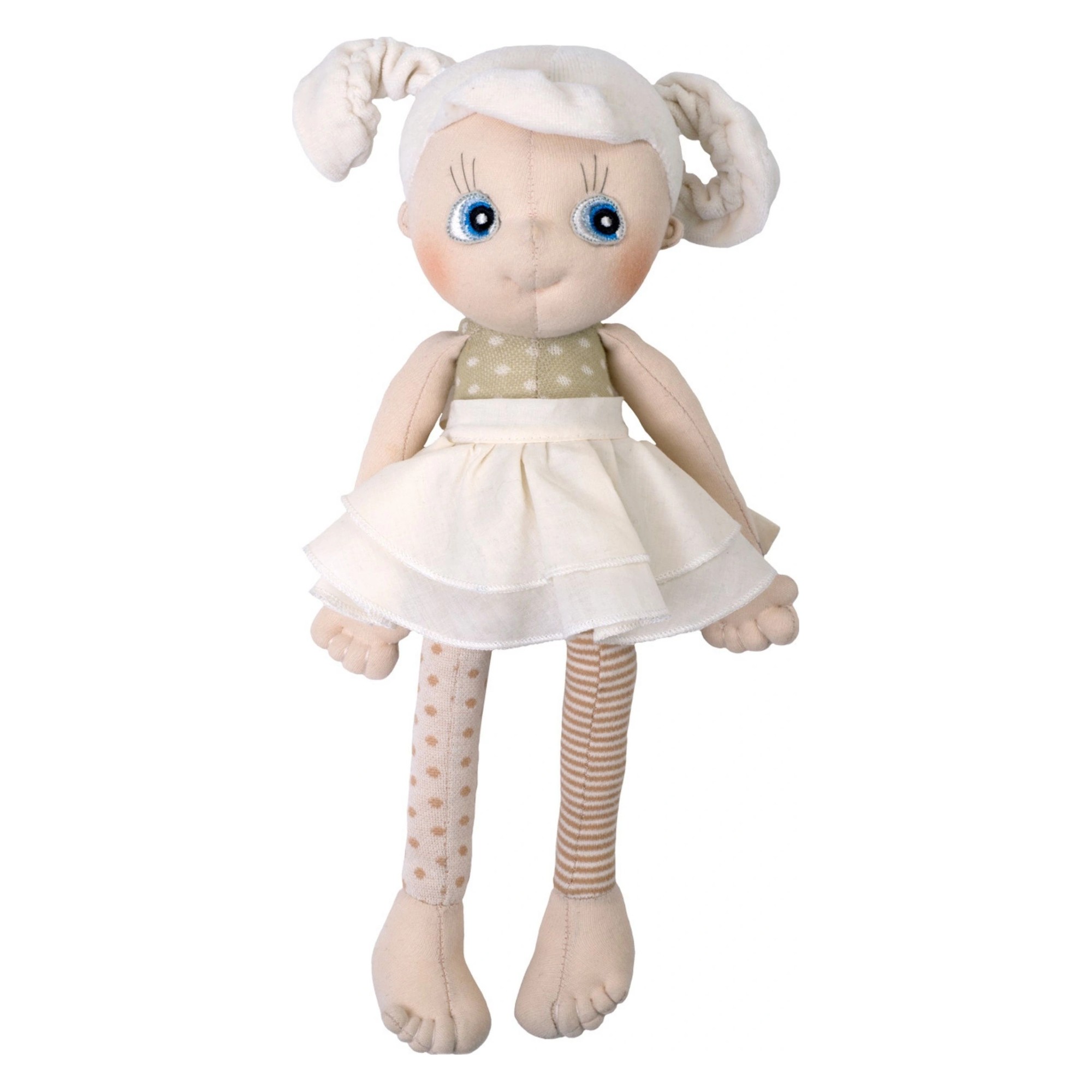 Rubens EcoBuds doll Daisy with light pigtails, dotted top and white tulle skirt