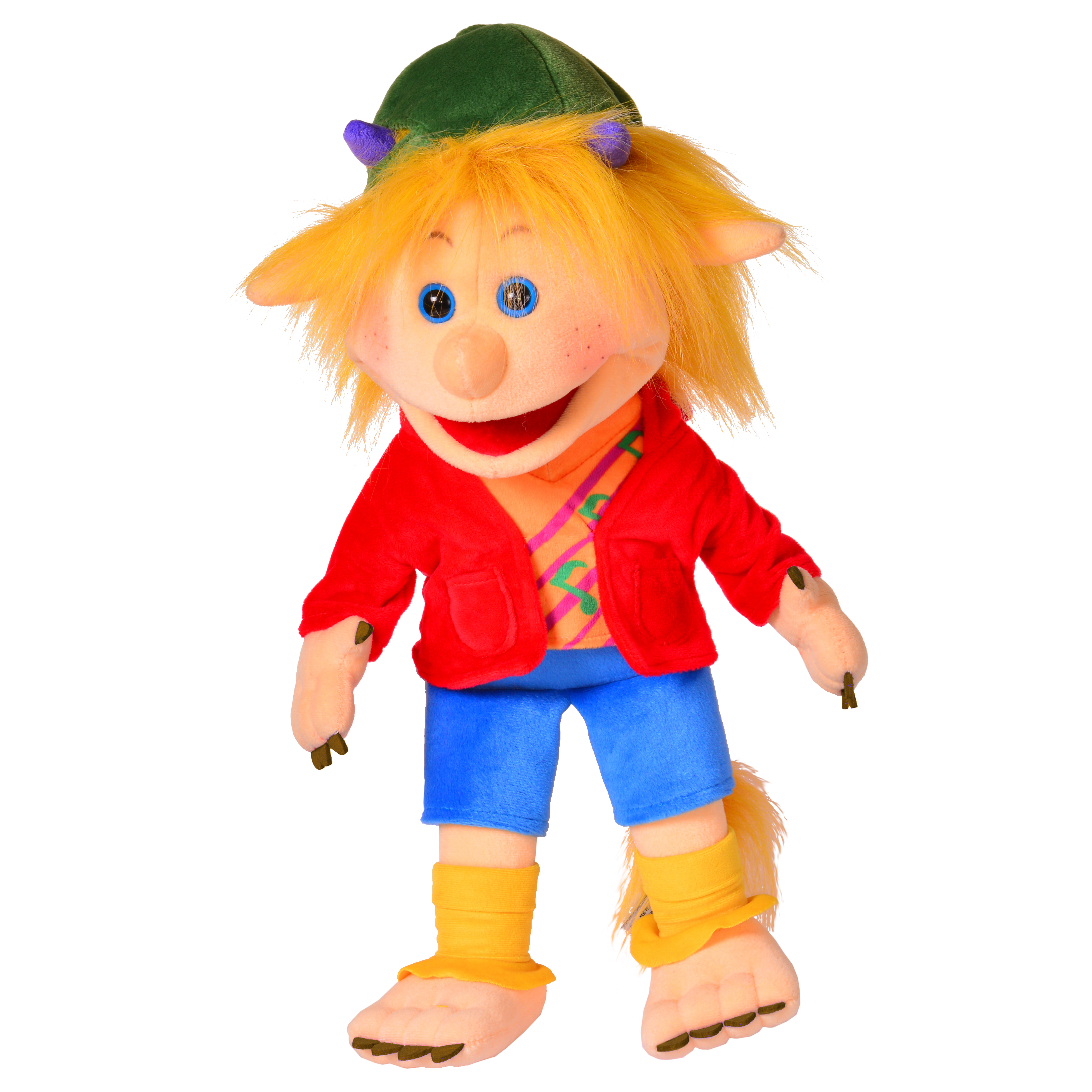 Living Puppets Handpuppe Troll Knille mit gelben Haaren, spitzen Ohren, grüner Kappe, roter Jacke, blauer Hose und großen Füßen