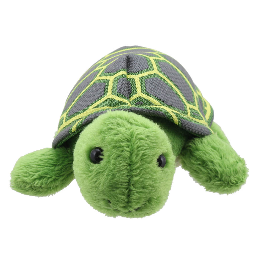 The Puppet Company finger puppet turtle, green head with a grey and yellow shell, front view