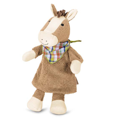Sterntaler baby hand puppet horse, brown fur with a cream mane, a checked bandana and a blade of grass in its mouth