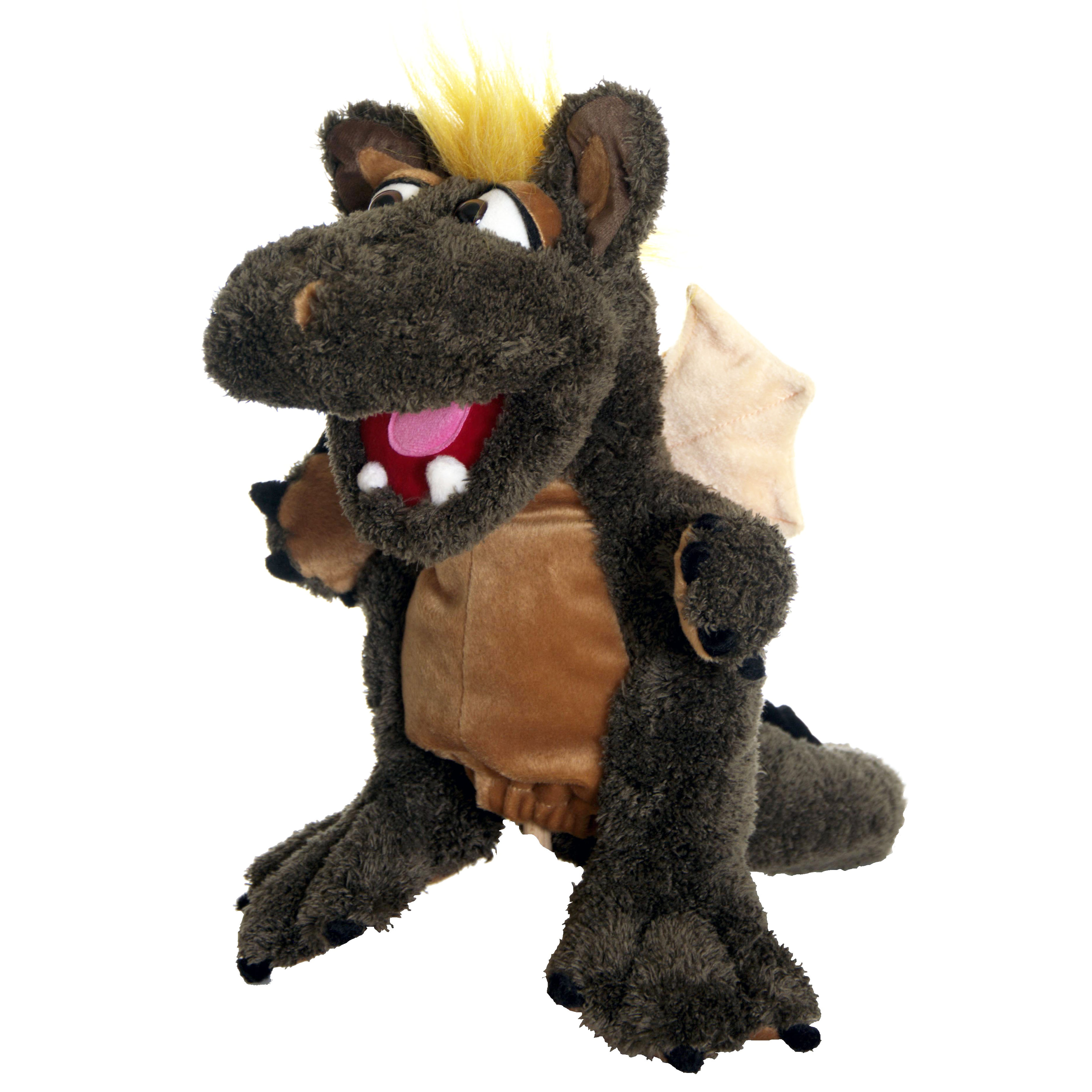 Living Puppets Handpuppe Drache Möbius in Dunkelbraun mit blondem Schopf und geöffnetem Maul