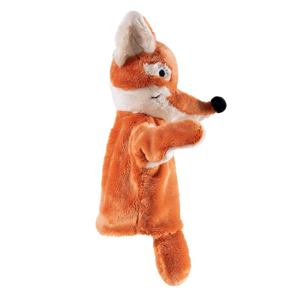 Heunec hand puppet Herr Fuchs, orange plush puppet in profile with a black nose