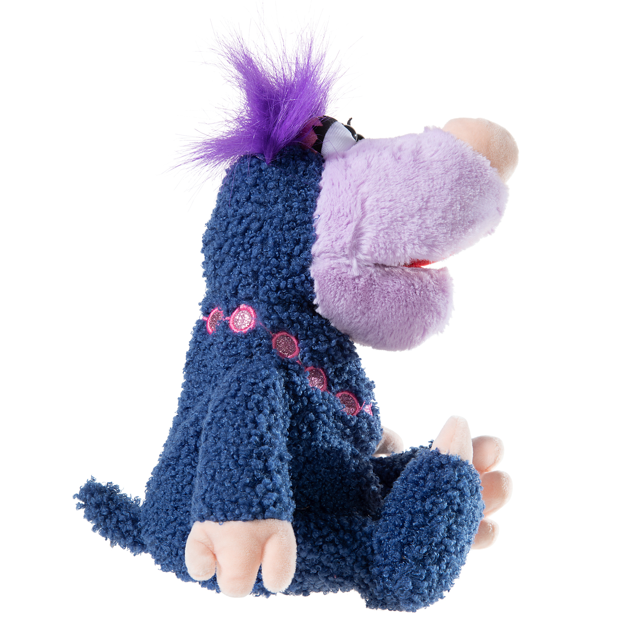 Heunec hand puppet Mauli the mole, purple plush character seated in profile with a pink face