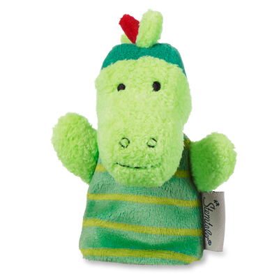 Sterntaler Fingerpuppe Drache, hellgrüner Kopf mit dunkelgrüner Kappe und rotem Zacken, gestreiftes Kleidchen