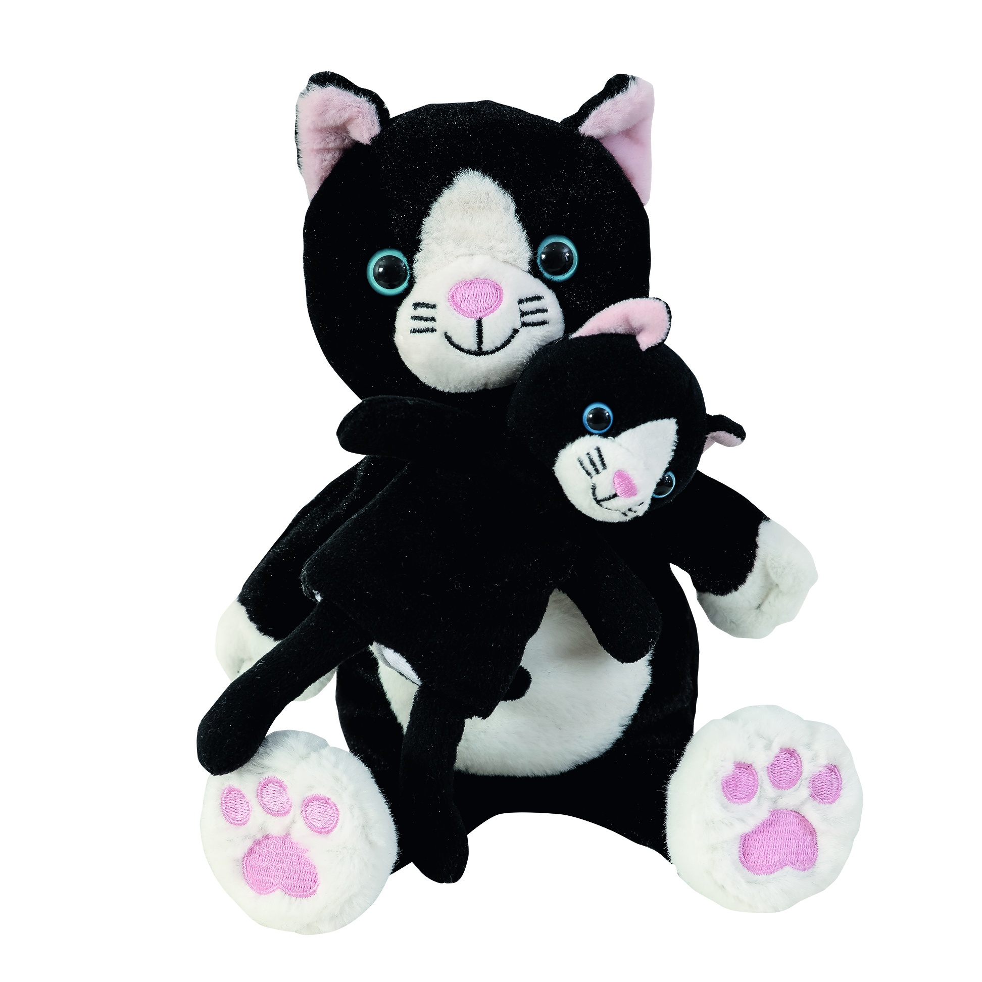 Beleduc Geschichten-Handpuppe Katze Cara mit Fingerpuppe Mimi, schwarz-weiße Katzen-Handpuppe mit rosa Pfotenmuster und kleinerer Katze vorn