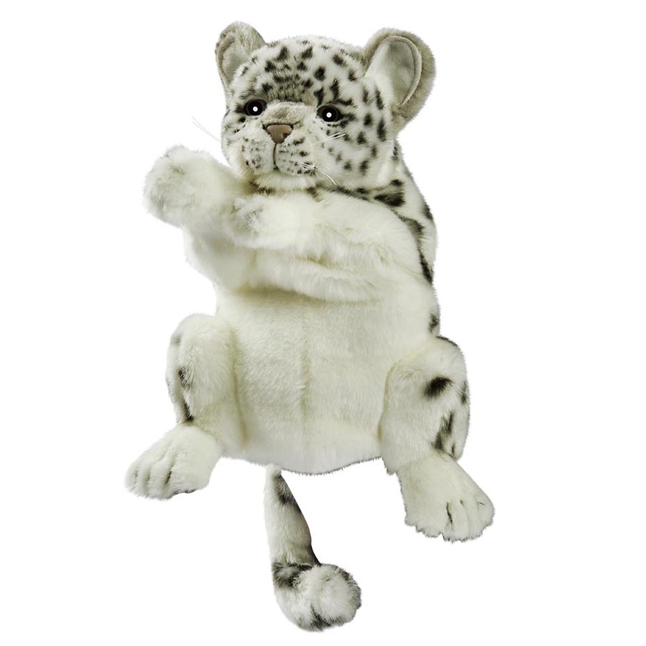 Schneeleopard Handpuppe von Hansa Creation mit weißgrau geflecktem Fell und dickem geflecktem Schwanz