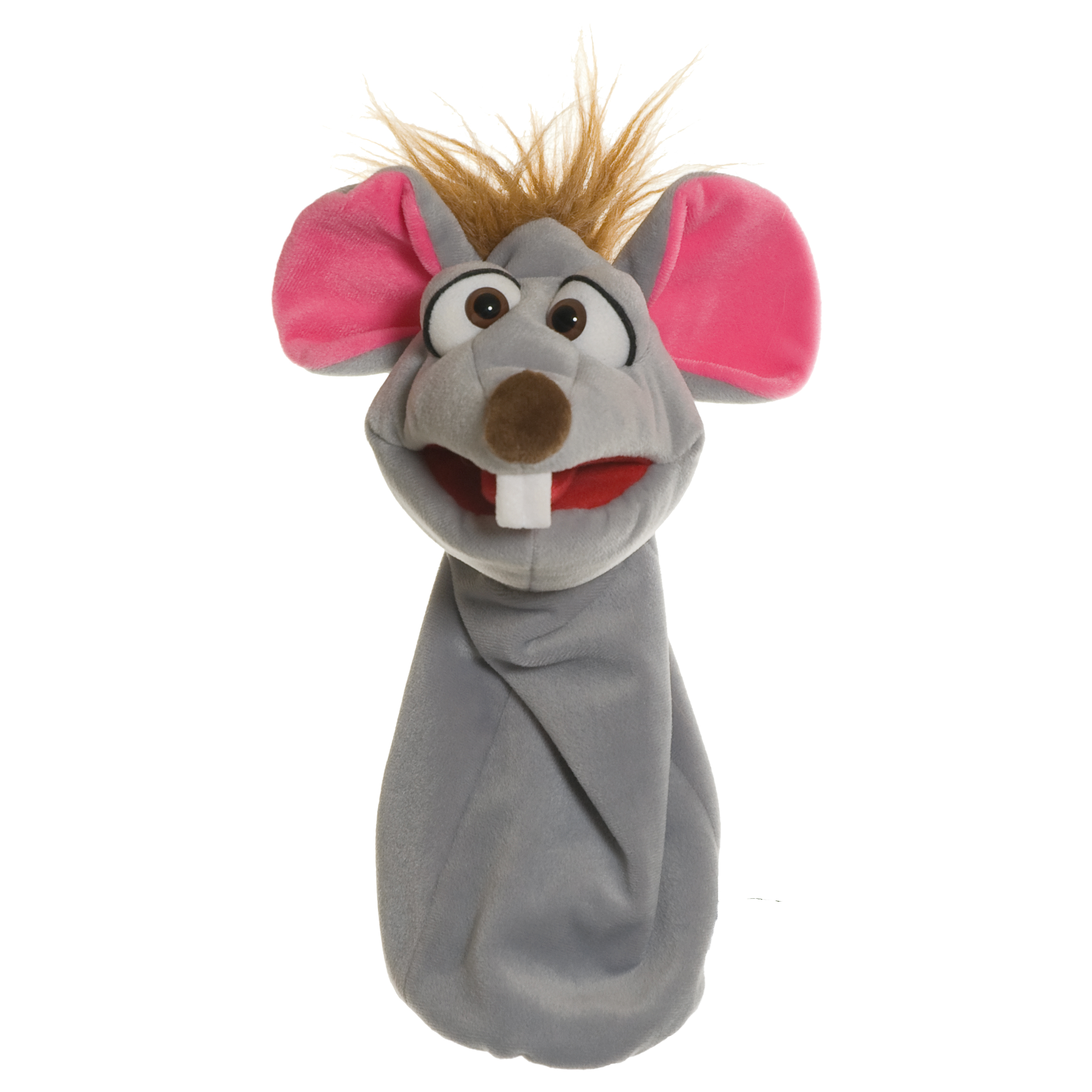 Living Puppets sock puppet Bille the mouse, grey with big pink ears, a brown tuft of hair and an open mouth