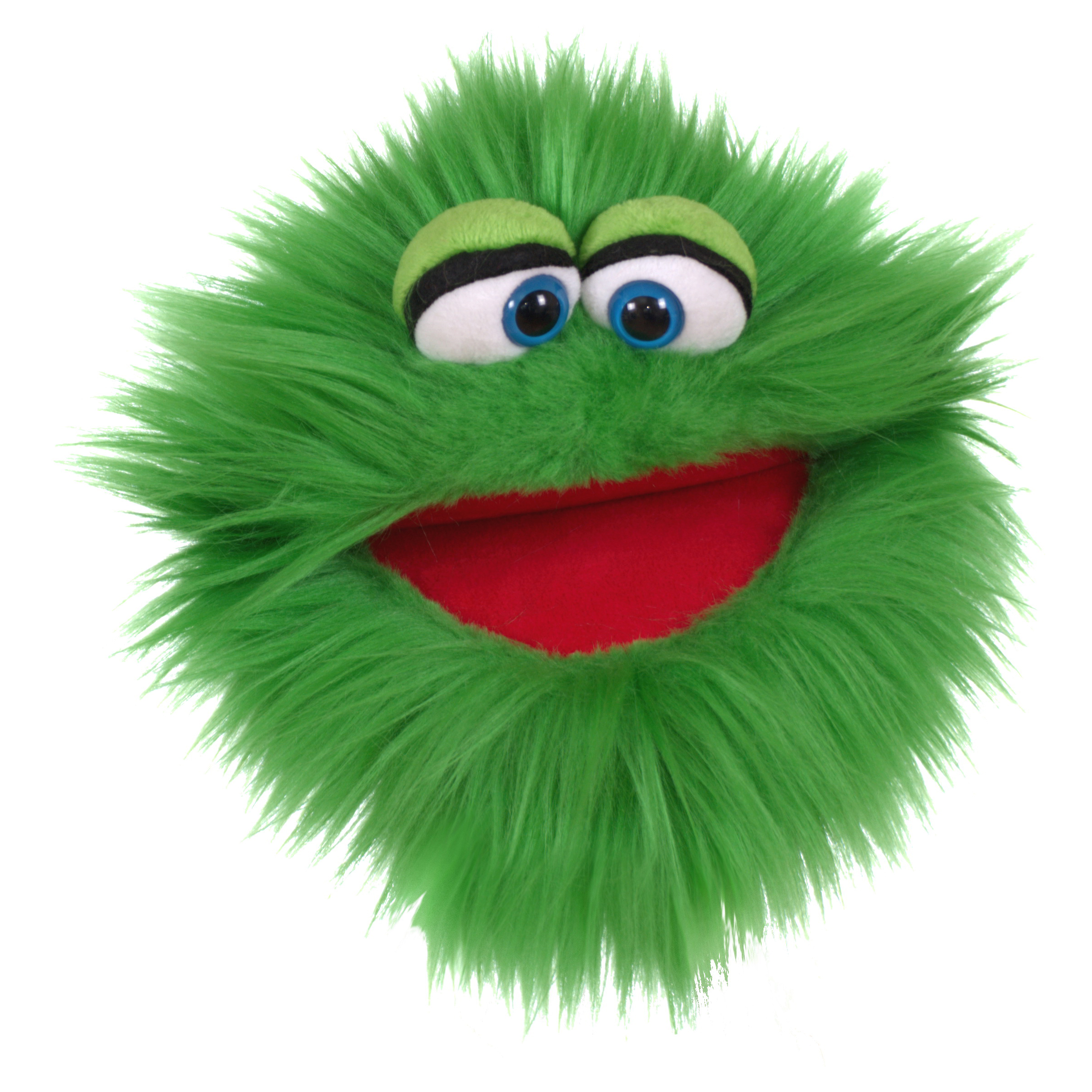 Living Puppets Handpuppe Plappermaul, grünes Zottelmonster mit blauen Augen und weit geöffnetem rotem Mund, Frontalansicht