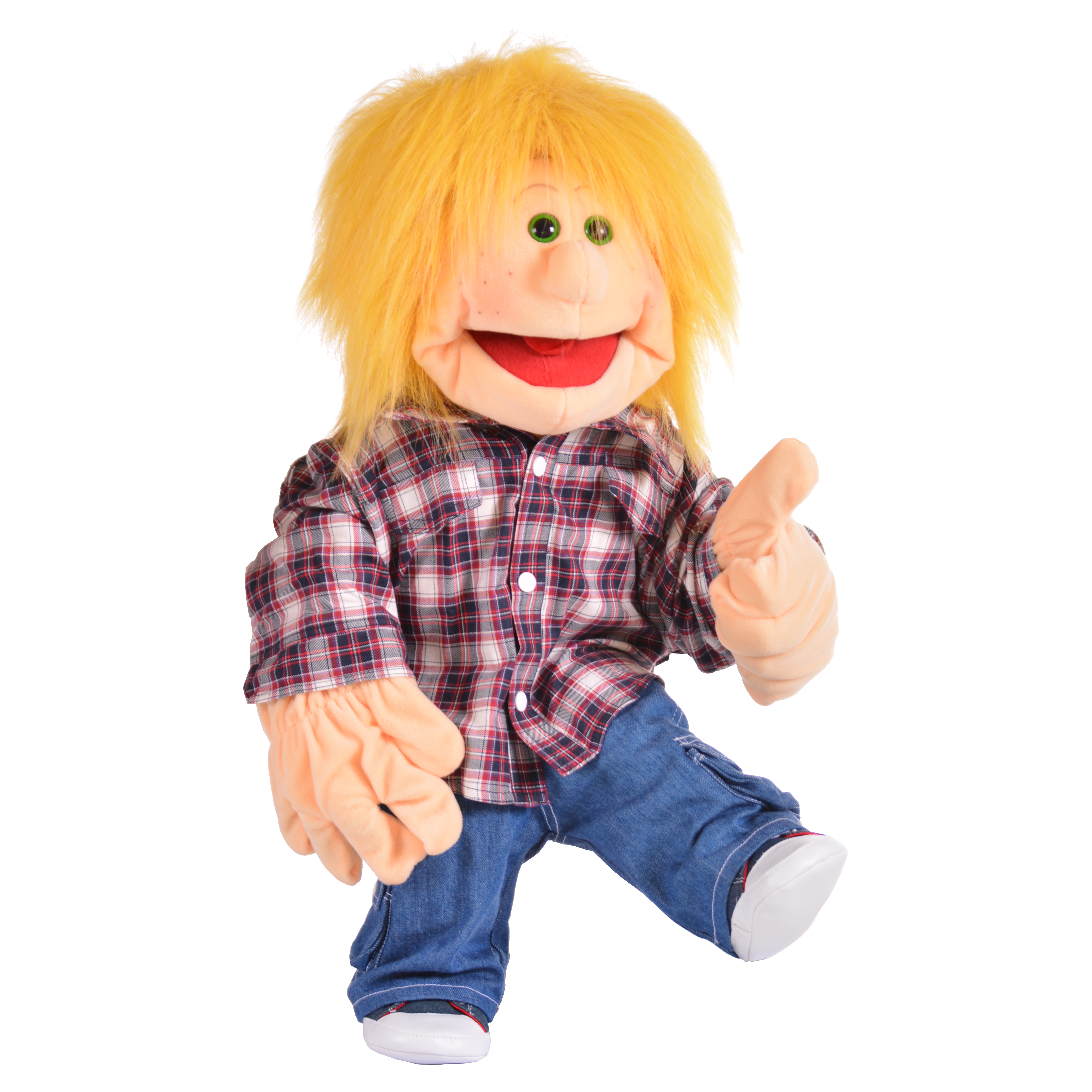 Living Puppets Handpuppe Melvin mit gelben Haaren im karierten Hemd und Jeans, in Schrittpose mit erhobenem Daumen