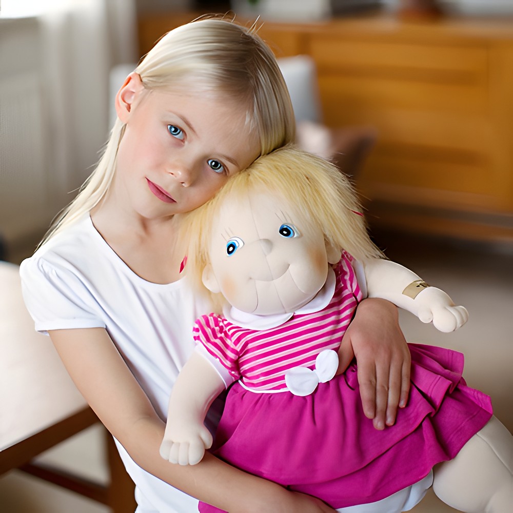 Child hugging the Rubens Barn Original doll Ida with blond hair