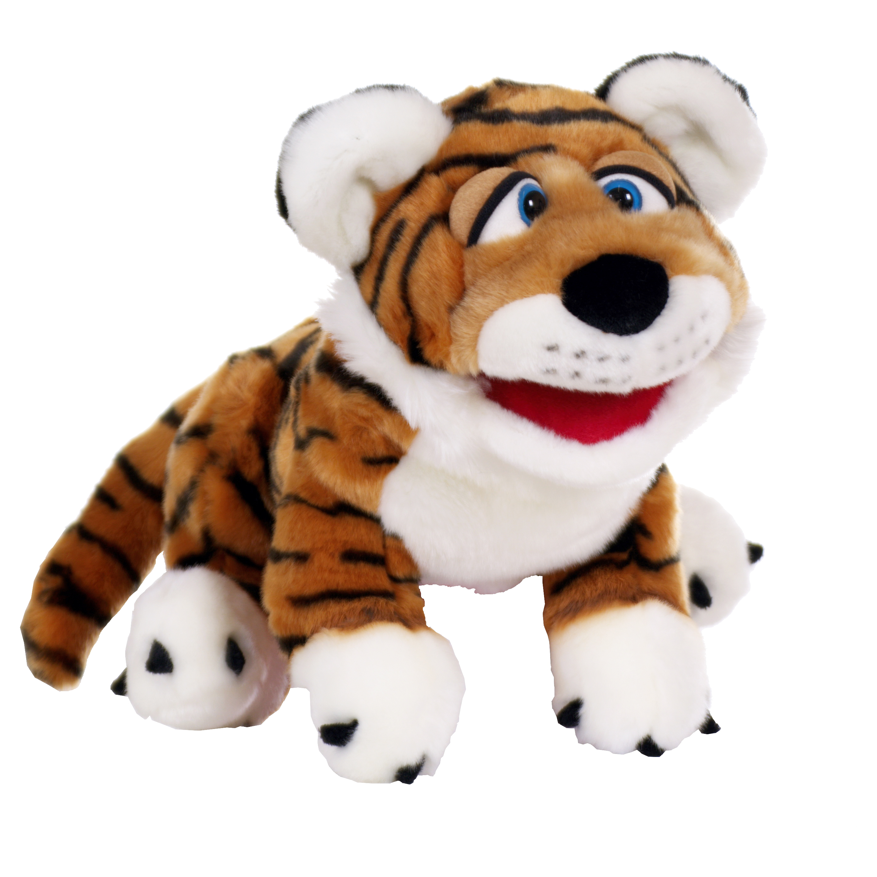 Living Puppets Handpuppe Paco der Tiger mit gestreiftem Fell und geöffnetem Maul, liegend in Seitenansicht