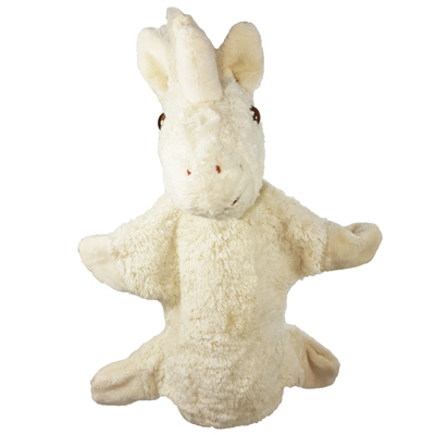 Kallisto hand puppet unicorn, front view with outstretched arms and cream fur