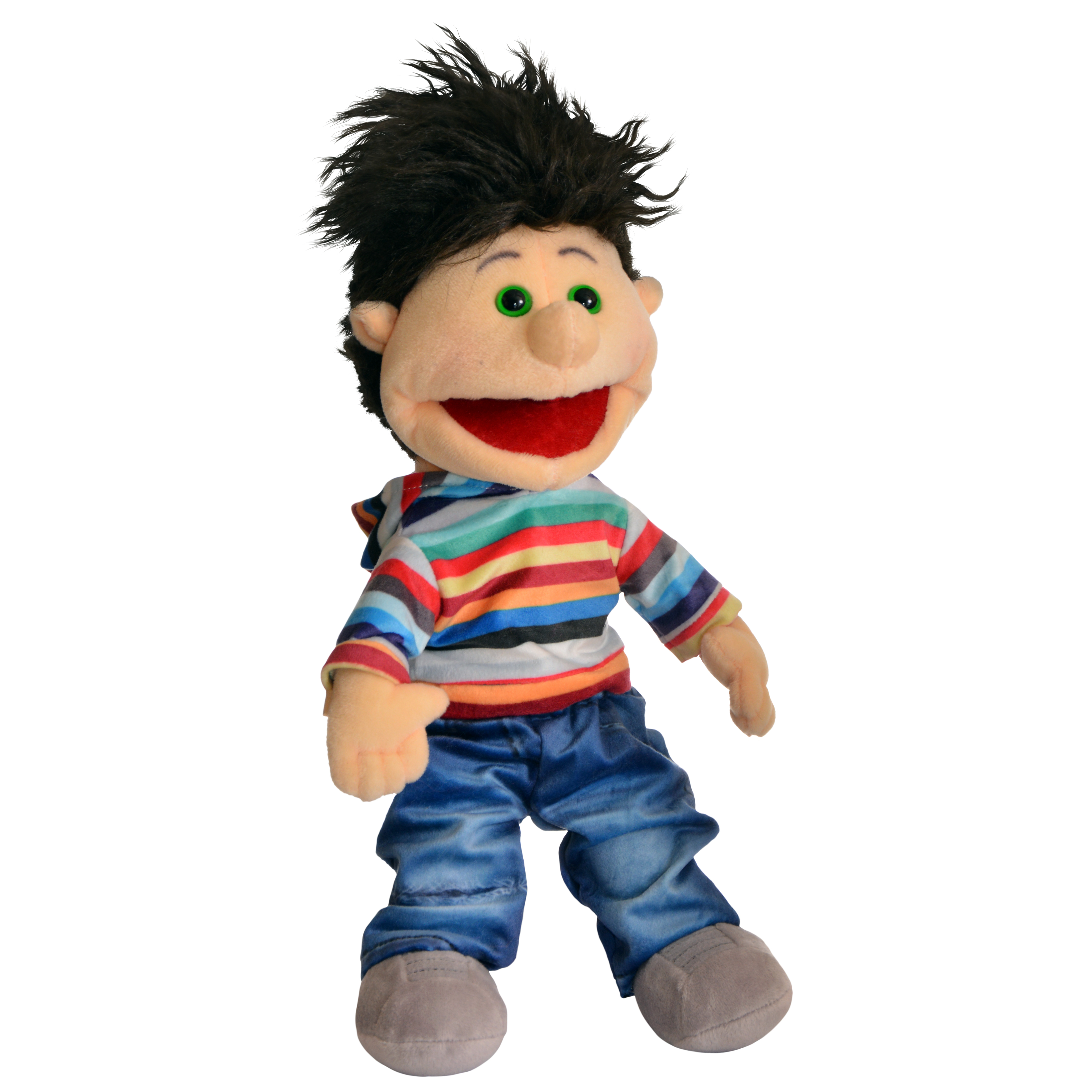 Living Puppets hand puppet Toffi Mini with shaggy black hair, green eyes, a colourfully striped shirt and jeans