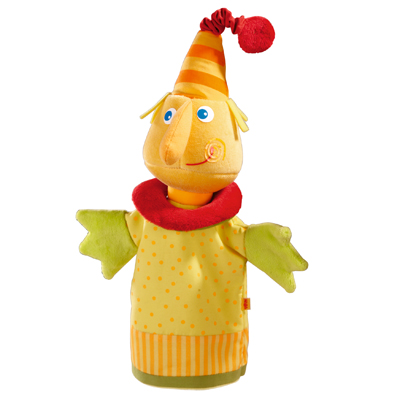 HABA baby hand puppet monster Sam, yellow monster with orange striped party hat and red ruffled collar