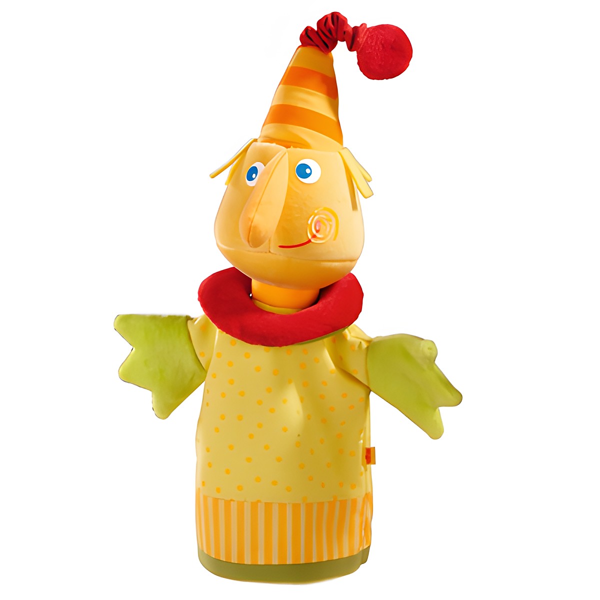 HABA Baby-Handpuppe Monster Sam, gelbes Monster mit orange gestreifter Partyhütze und rotem Rüschenkragen