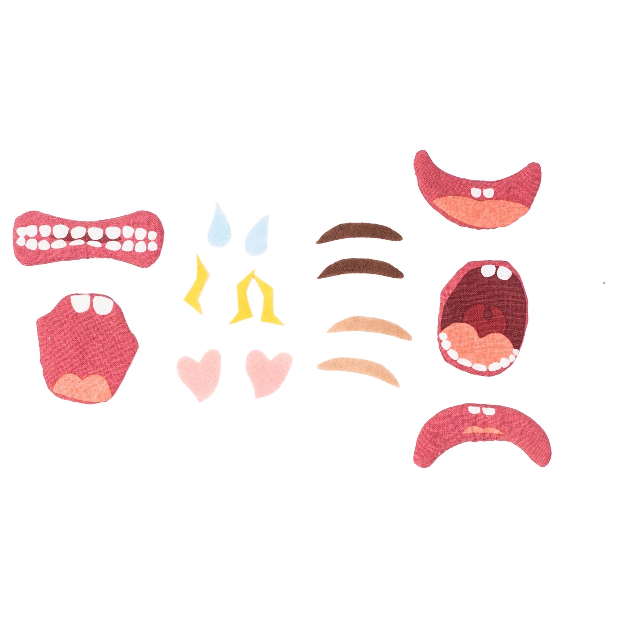 Hook-and-loop elements of the Rubens Barn facial expressions set: mouths, eyebrows, tears and hearts