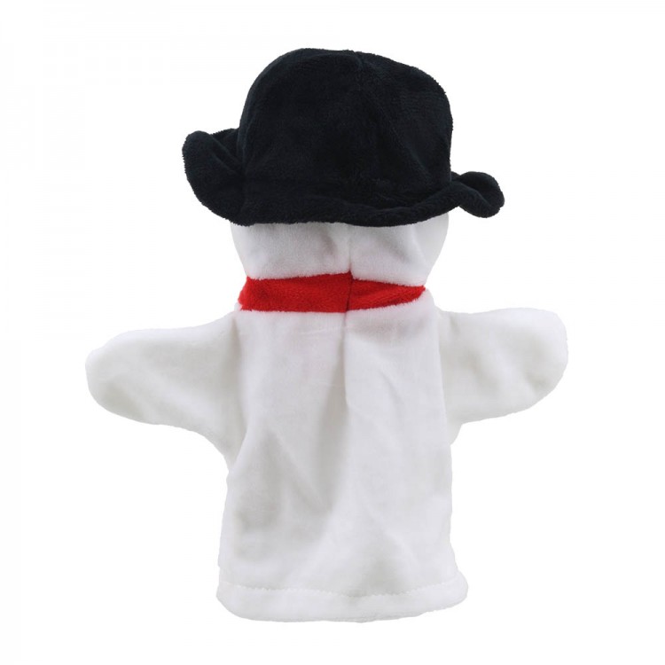The Puppet Company Baby-Handpuppe Schneemann, Rückansicht mit schwarzem Hut und rotem Schal