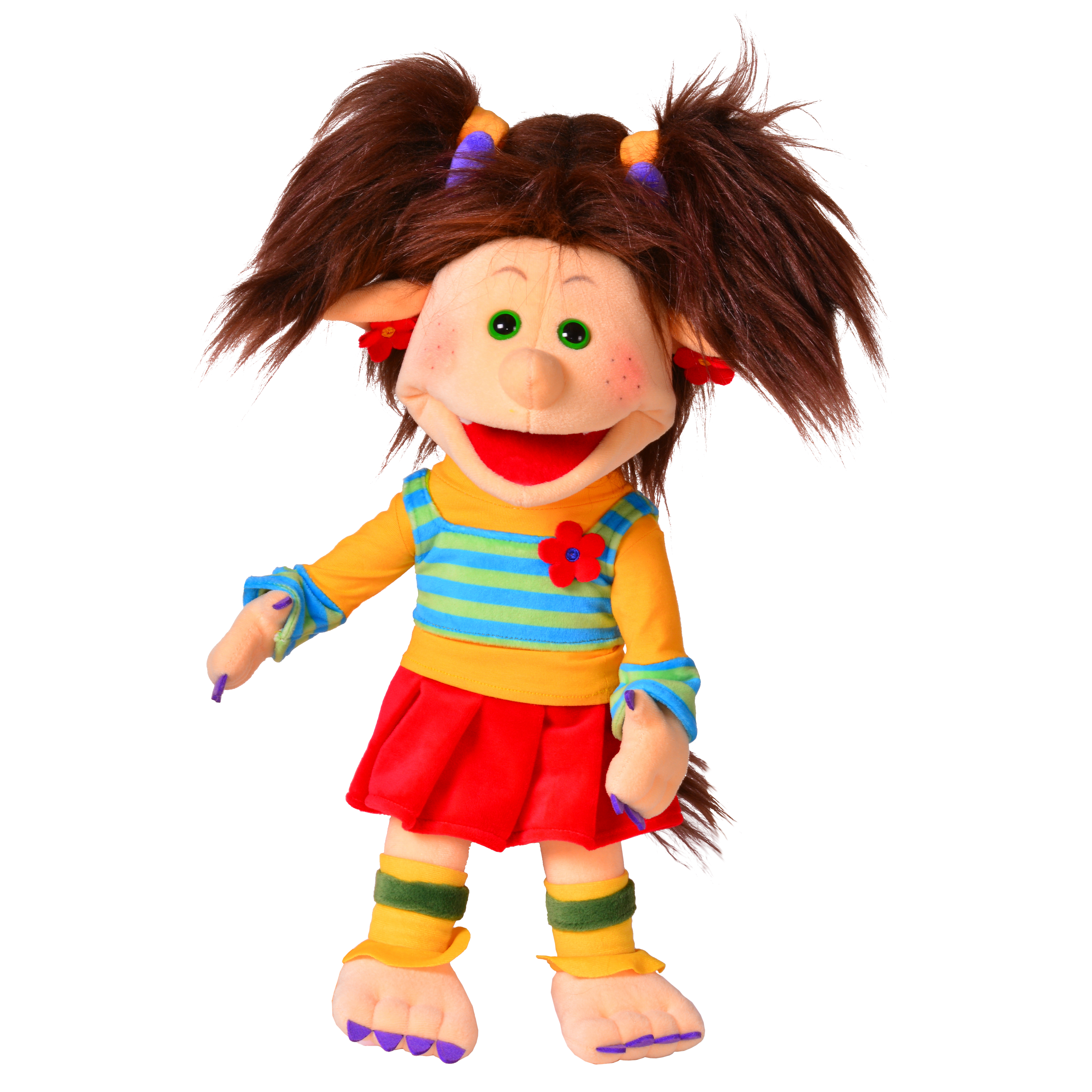Living Puppets Handpuppe Troll Trienchen mit braunen Zöpfen, spitzen Ohren, kleinen Hörnern, gestreiftem Shirt mit Blume und rotem Rock