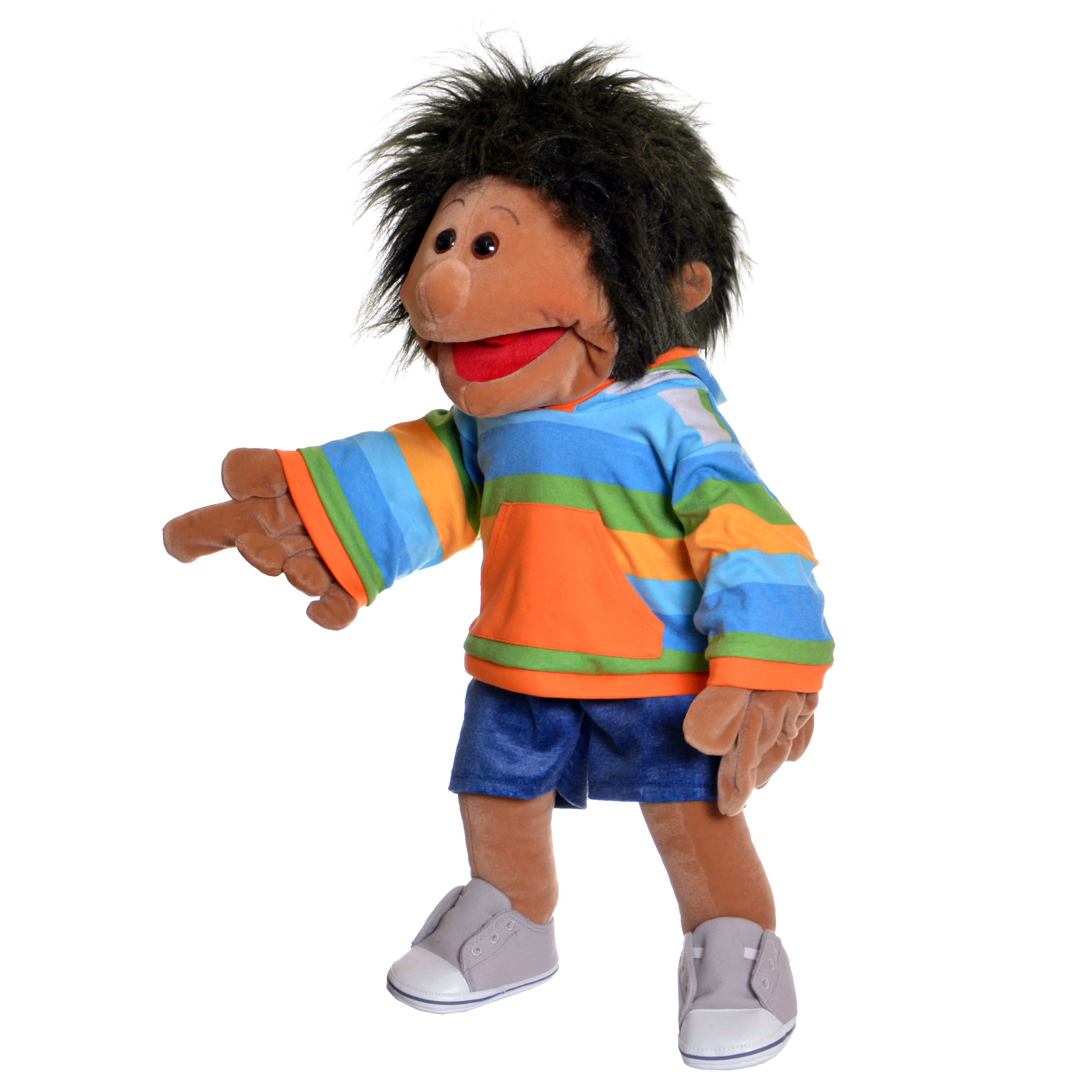 Living Puppets hand puppet Marlon in a striped hooded shirt, pointing forward in a stepping pose, side view