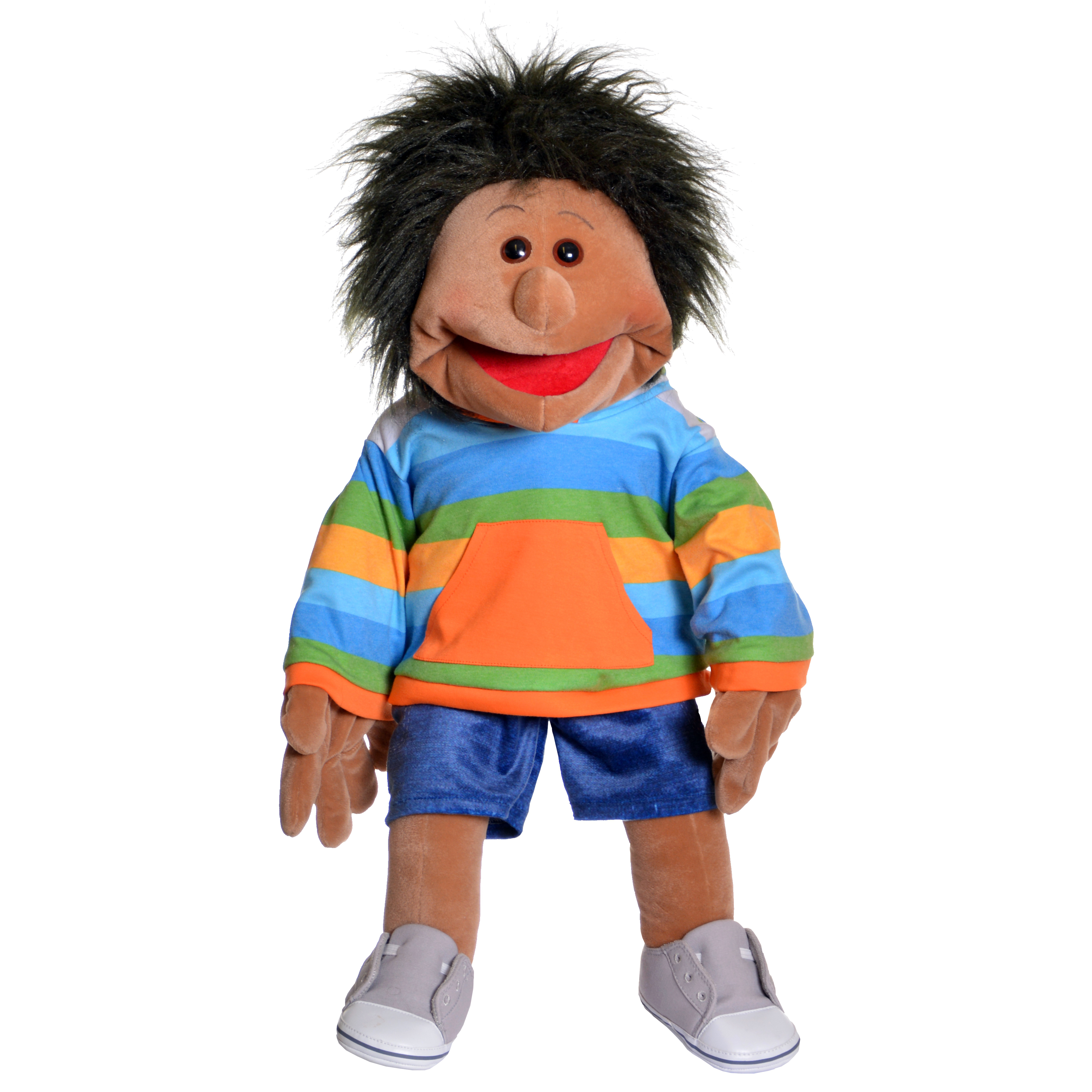 Living Puppets hand puppet Marlon with shaggy black hair, colourful striped hooded shirt with an orange pocket and blue shorts