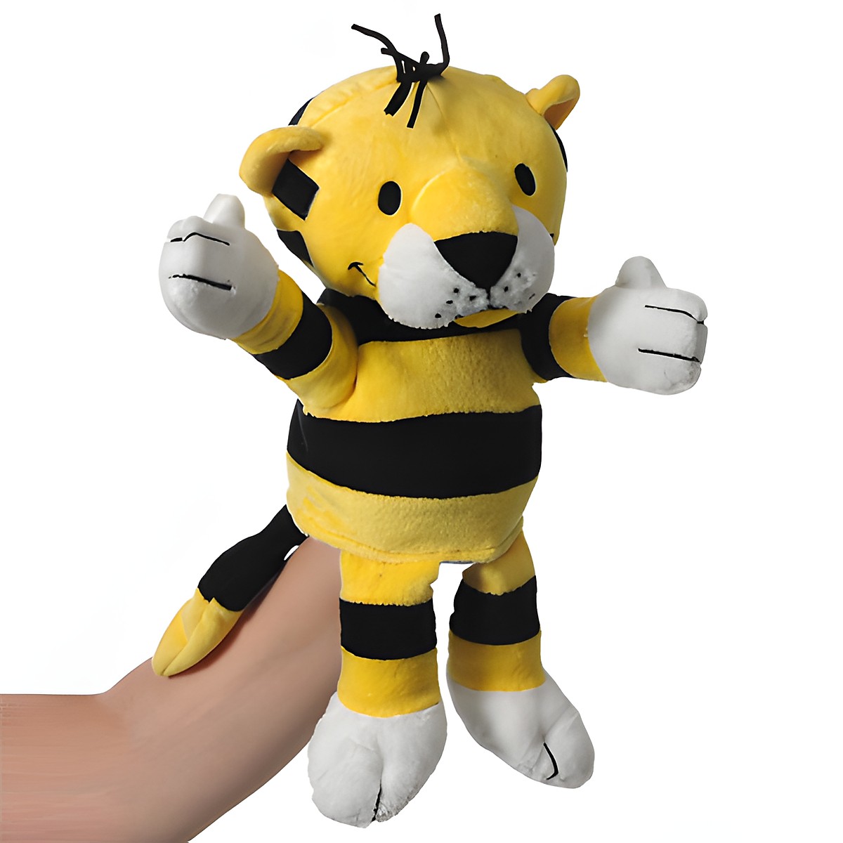 Heunec Handpuppe Kleiner Tiger, gelb-schwarz gestreifte Pluschpuppe mit weissen Pfoten, auf Hand aufgesteckt