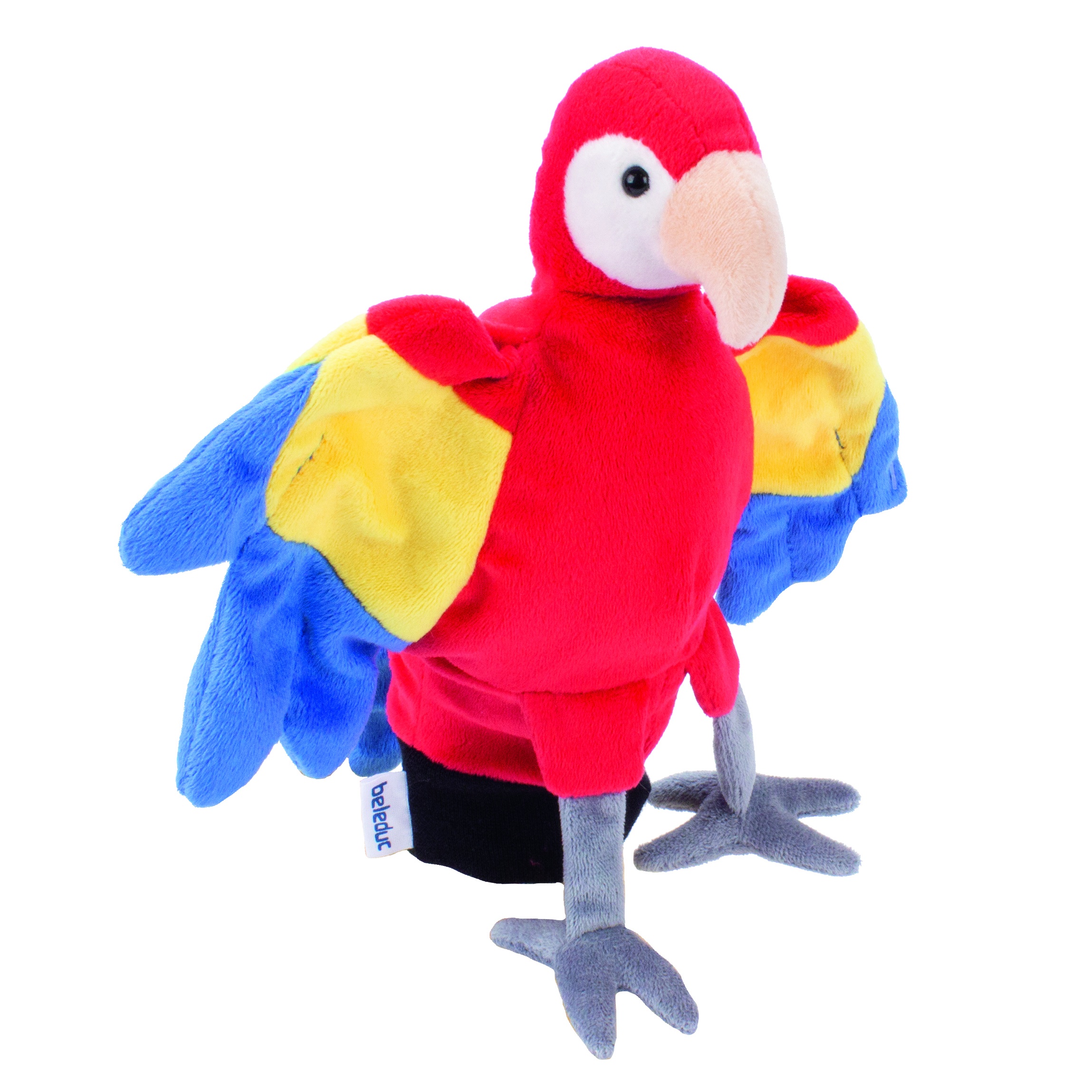 Beleduc hand puppet parrot with red plumage, yellow and blue wings and a white face