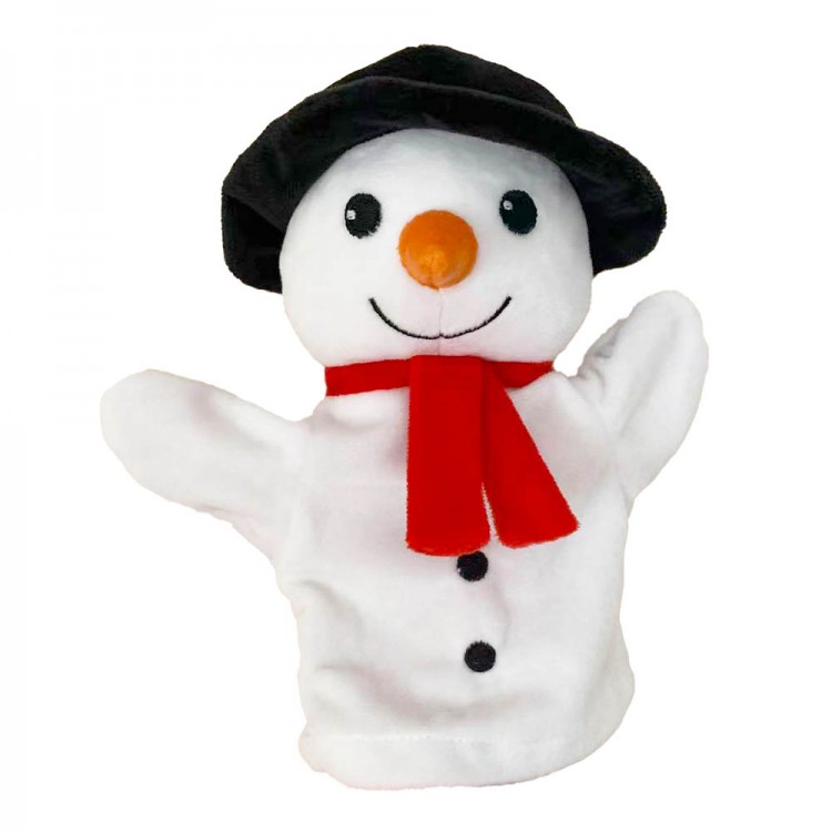 The Puppet Company Baby-Handpuppe Schneemann, weiße Handpuppe mit schwarzem Hut und rotem Schal, Frontansicht