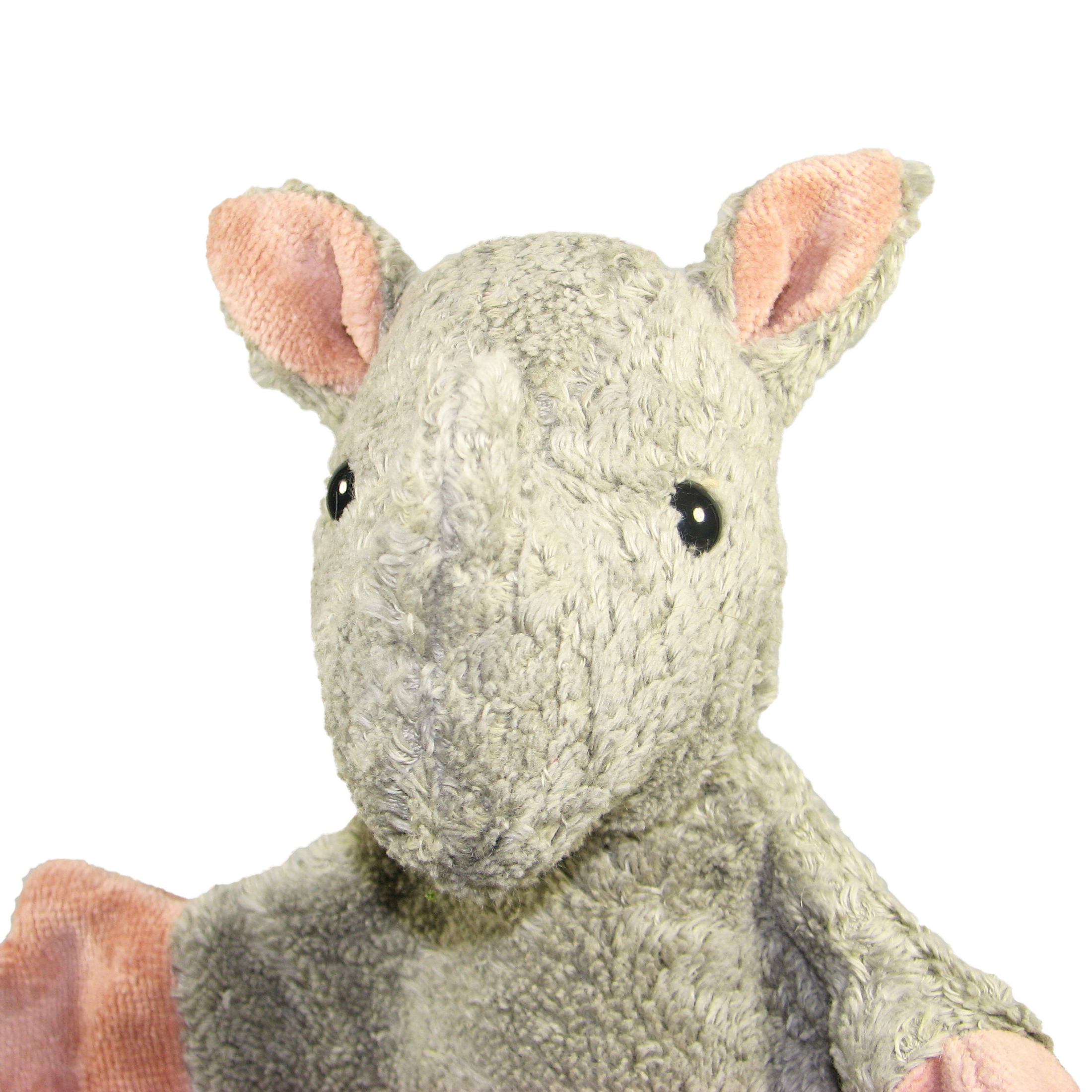 Kallisto Handpuppe Nashorn, Kopfporträt mit spitzen Ohren mit rosa Innenseiten und graugrünem Fell