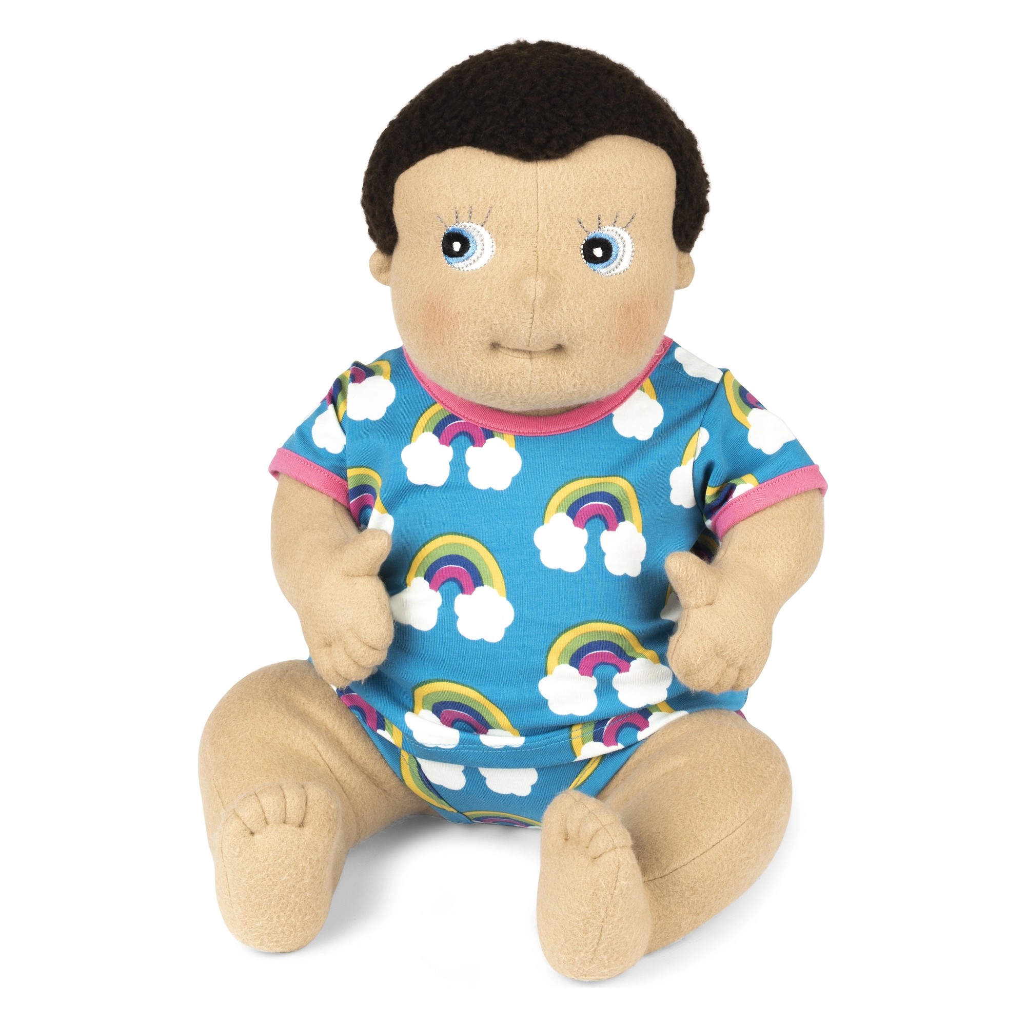 Rubens Barn baby doll Morra in the Maxomorra outfit with rainbow pattern, sitting