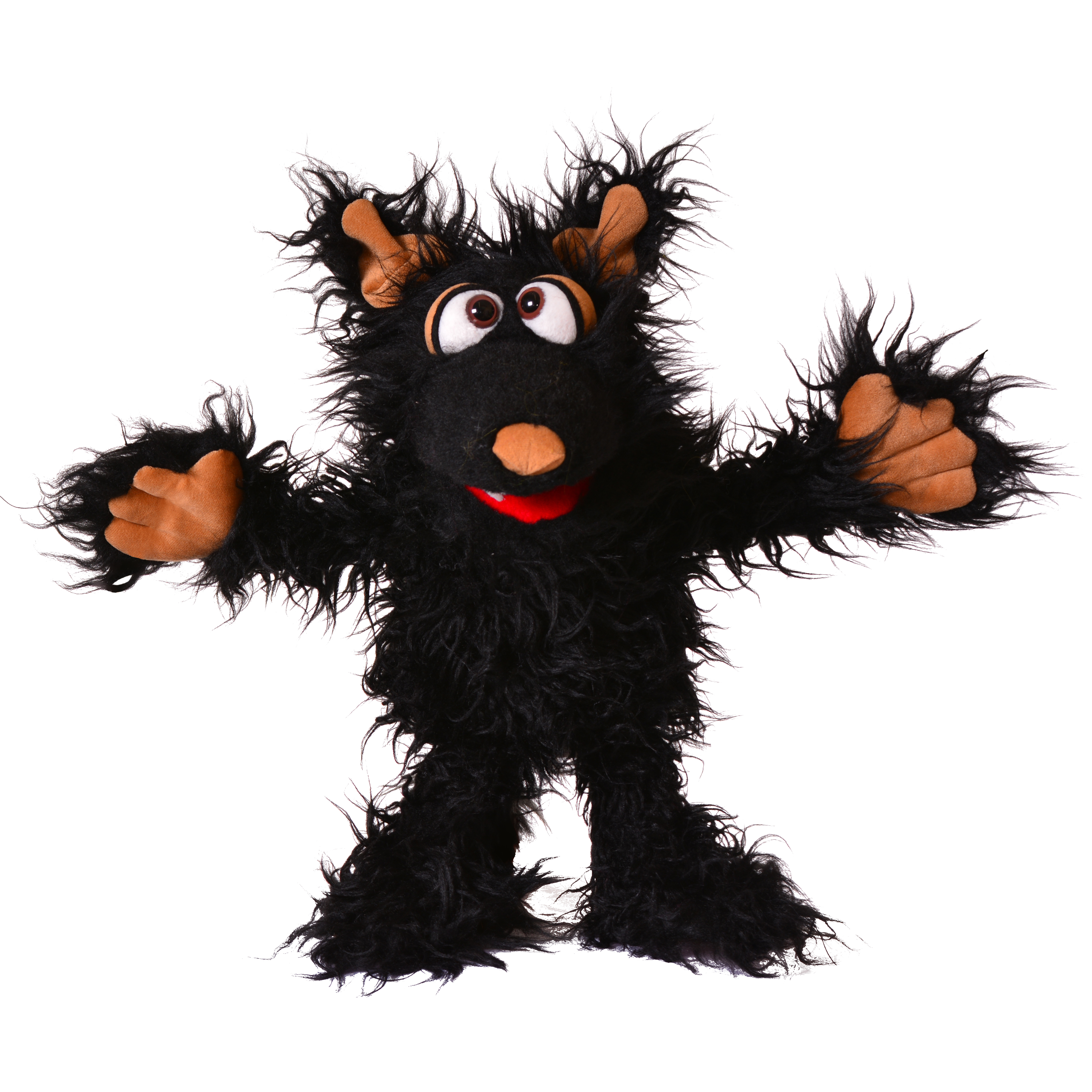 Living Puppets Handpuppe Muffi Hapsweg aus der Serie Monster to go, schwarzer Zottelwolf mit braunen Ohren und Pfoten, Arme ausgebreitet