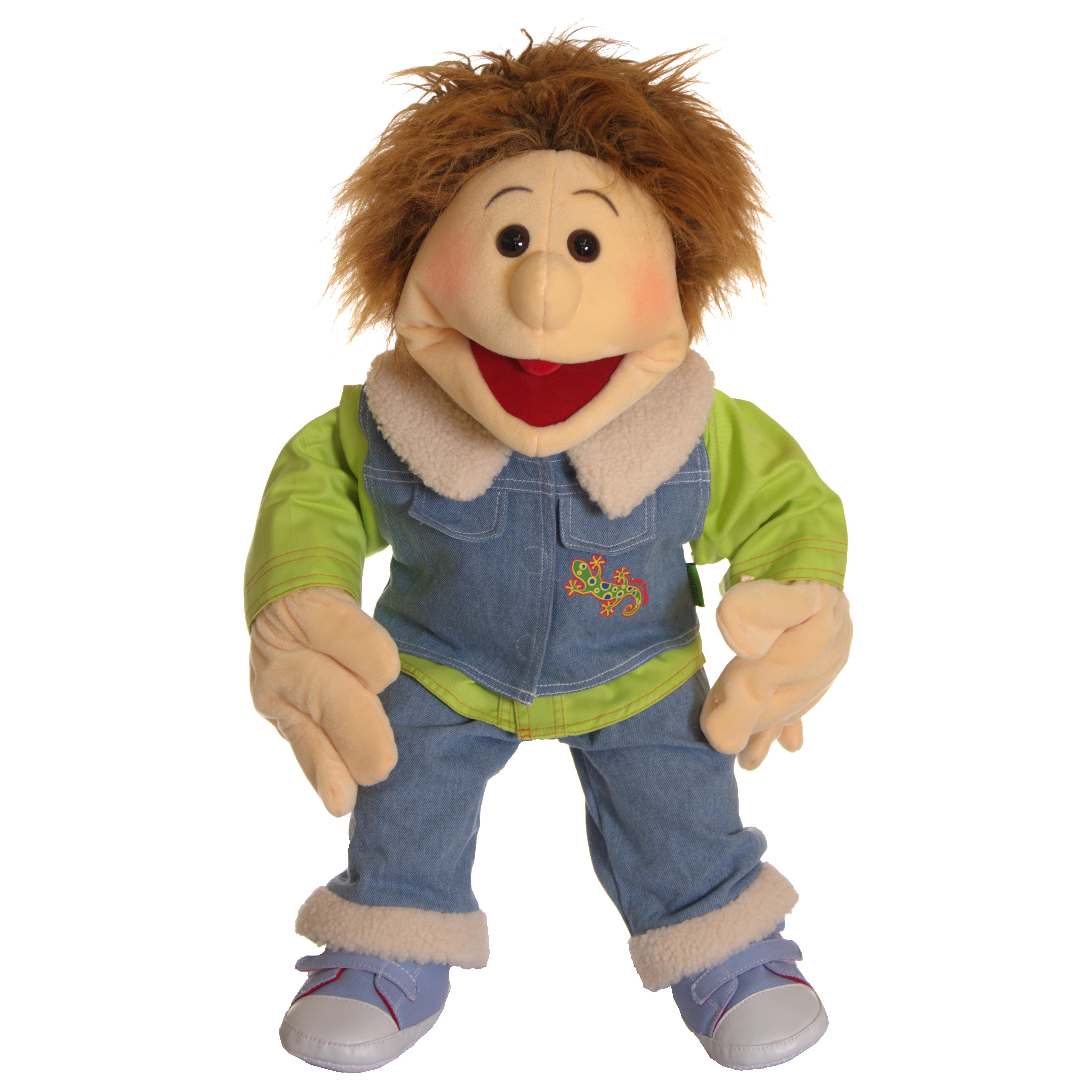Living Puppets hand puppet Gerrit with brown tousled hair, denim jacket and teddy collar