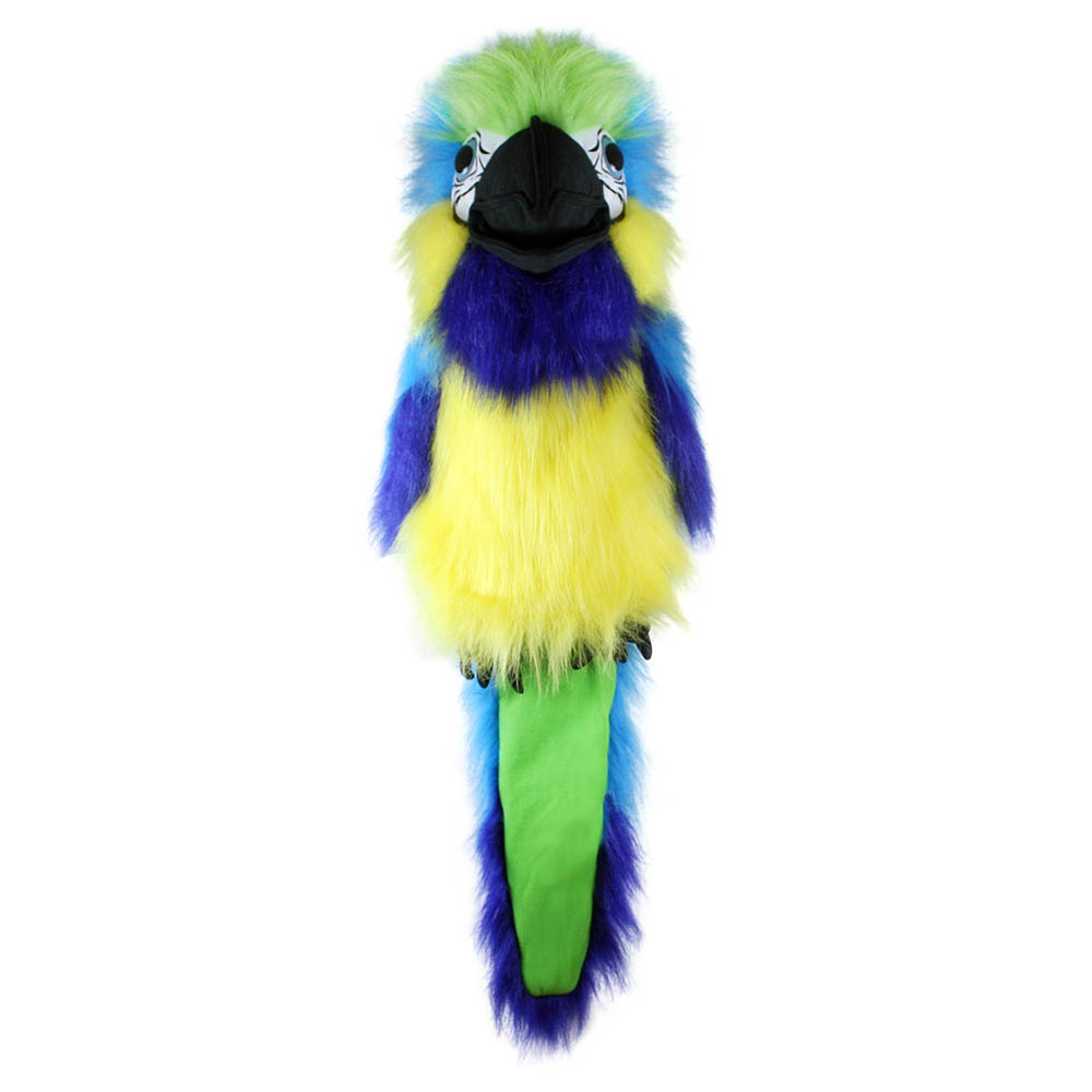 The Puppet Company Handpuppe Blau-Gold-Ara mit Geräusch, blau-gelber Papagei mit grünem Kopf, Frontansicht
