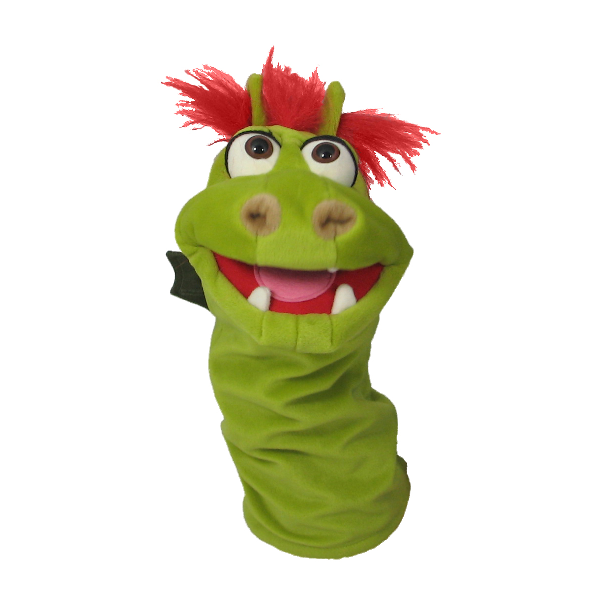 Living Puppets Strumpfhandpuppe Gregor der Drache, grün mit rotem Haarschopf, Nasenlöchern und sichtbaren Zähnen, Frontansicht