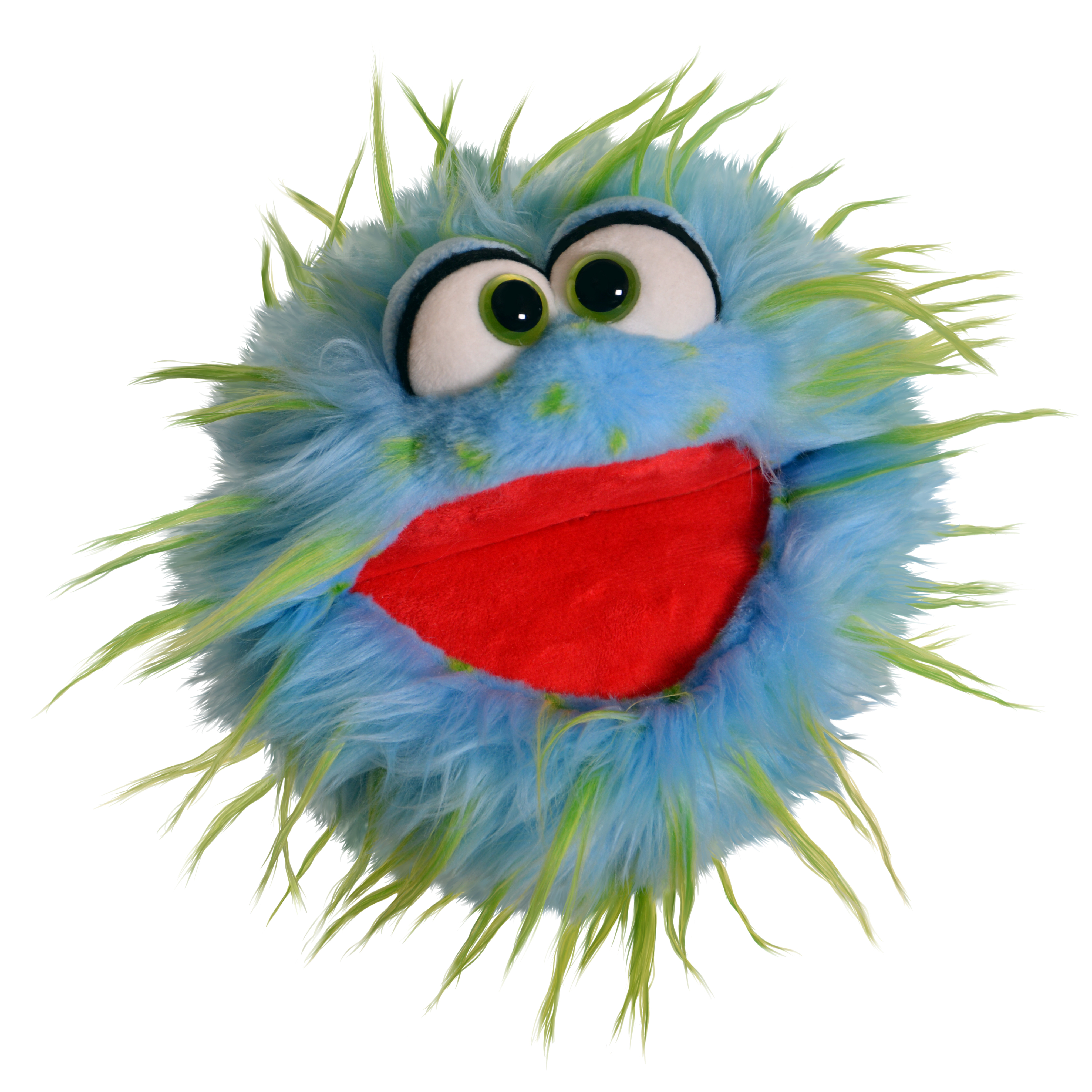 Living Puppets Handpuppe Sutsche, hellblaues Zottelmonster mit grünen Strähnen, grün-gelben Augen und weit geöffnetem rotem Mund