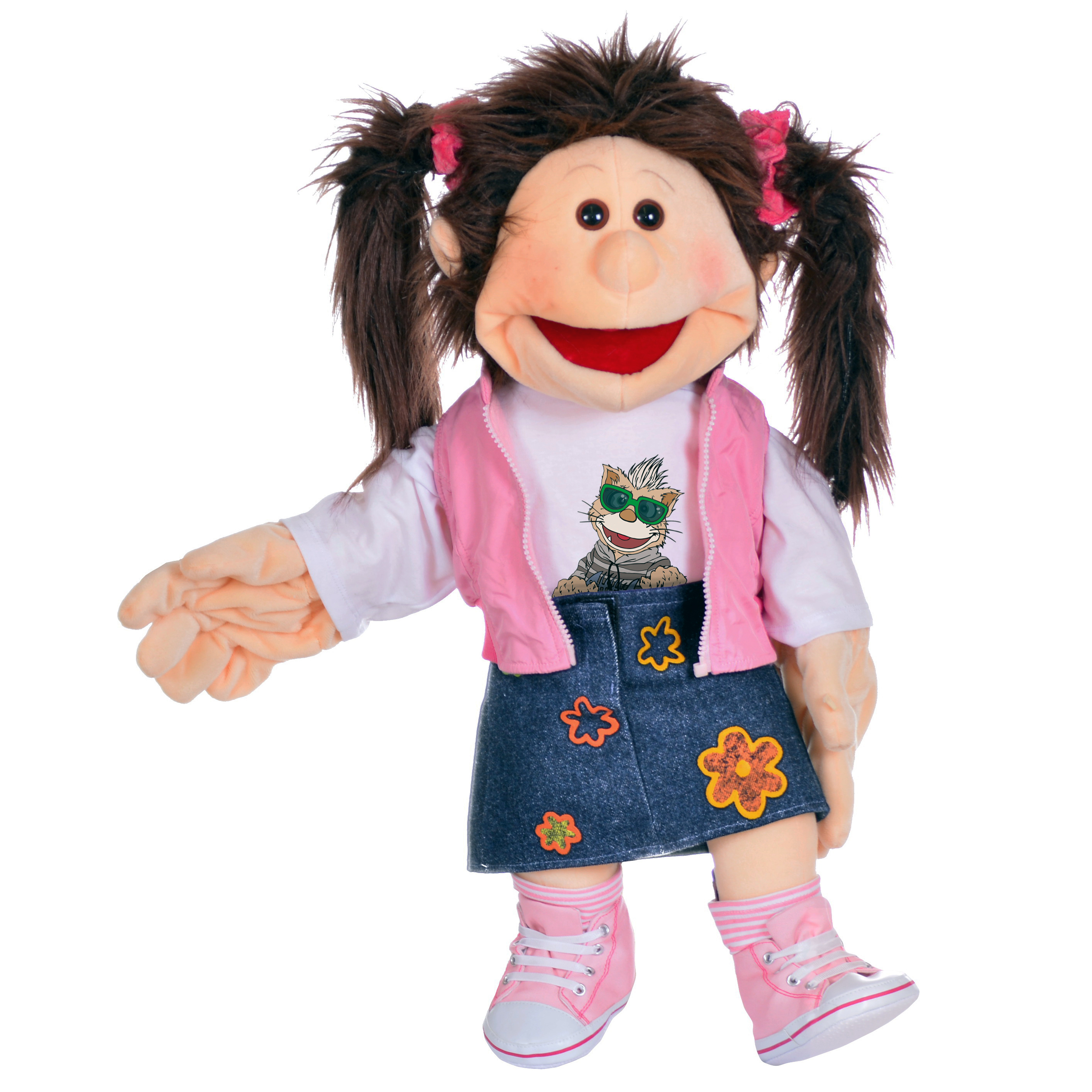 Living Puppets hand puppet Monique with dark brown pigtails, pink vest over a white shirt with a cat motif, denim skirt with flowers and pink trainers