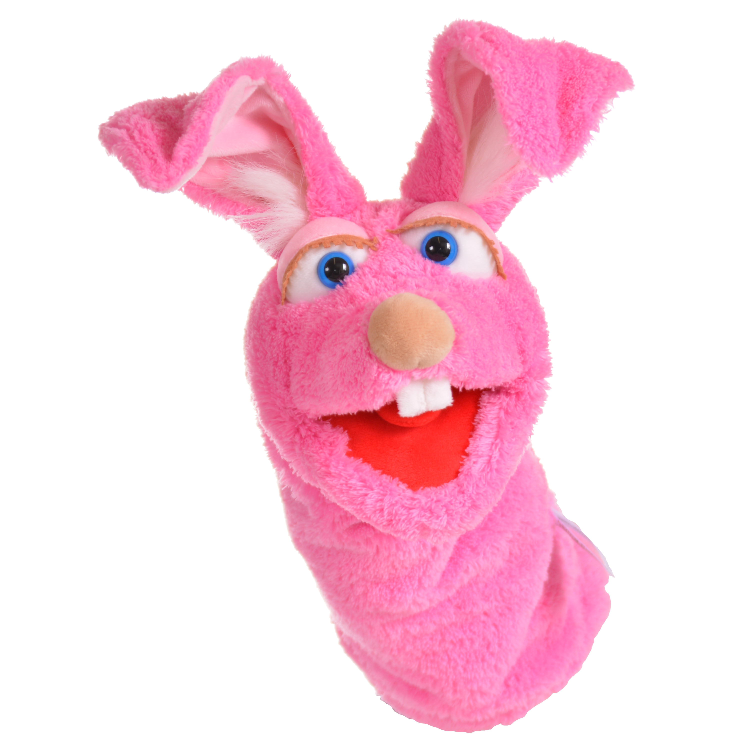 Living Puppets sock puppet Mampfine the rabbit, pink with blue eyes, buck teeth and an open red mouth, front view
